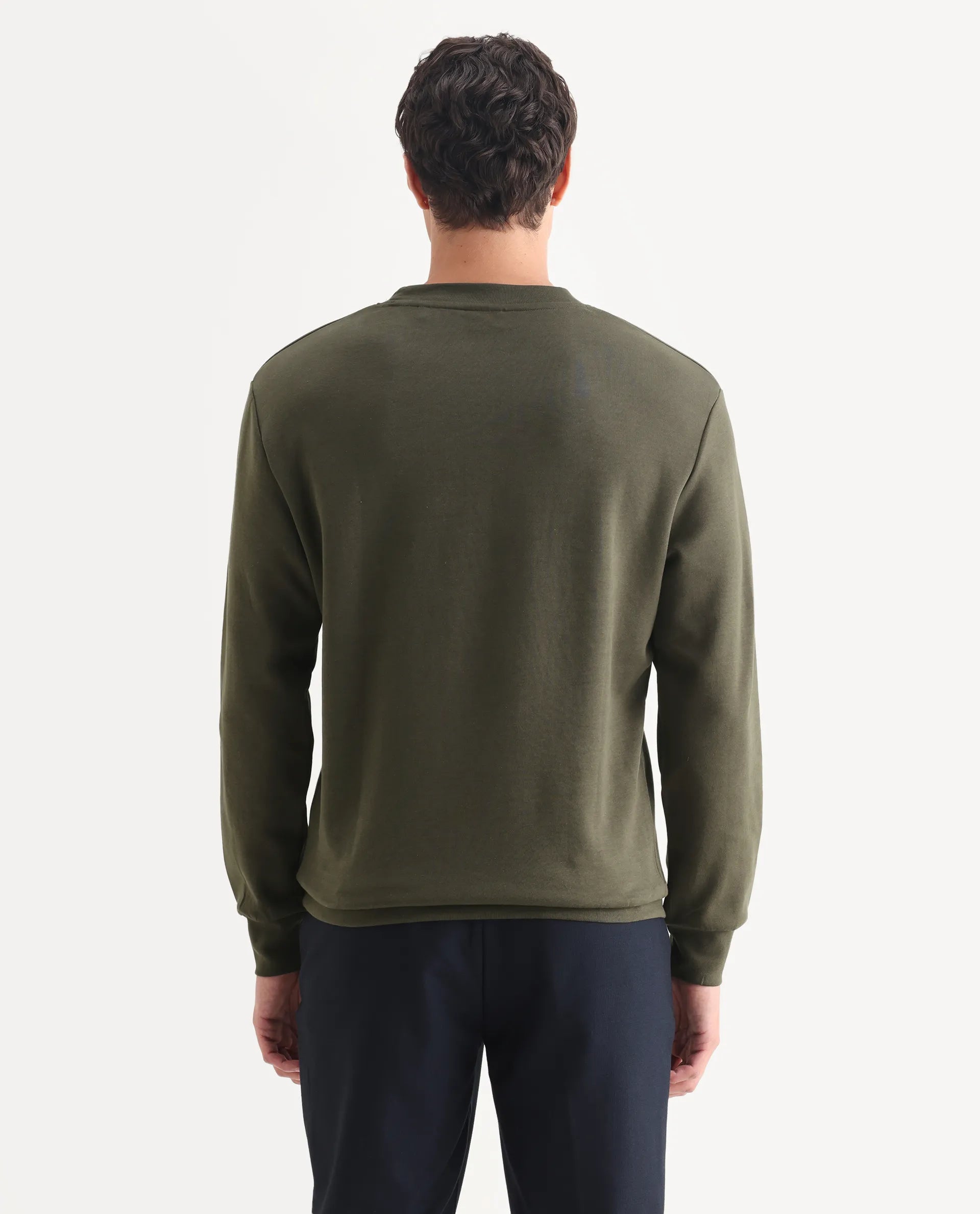 Rare Rabbit Men's Shaw Olive Cotton Plain Regular Fit Full Sleeve Crew Neck Sweatshirt