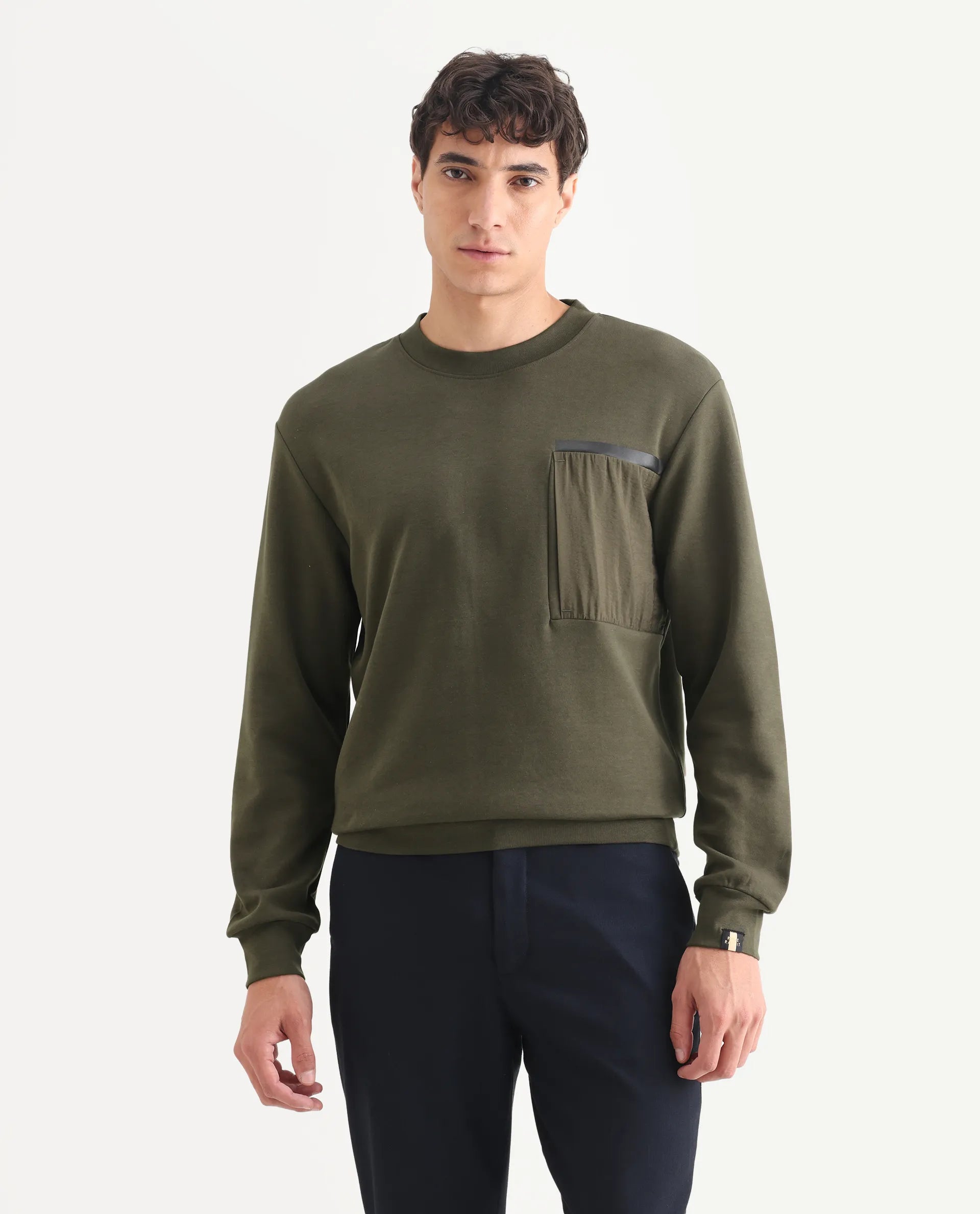 Rare Rabbit Men's Shaw Olive Cotton Plain Regular Fit Full Sleeve Crew Neck Sweatshirt