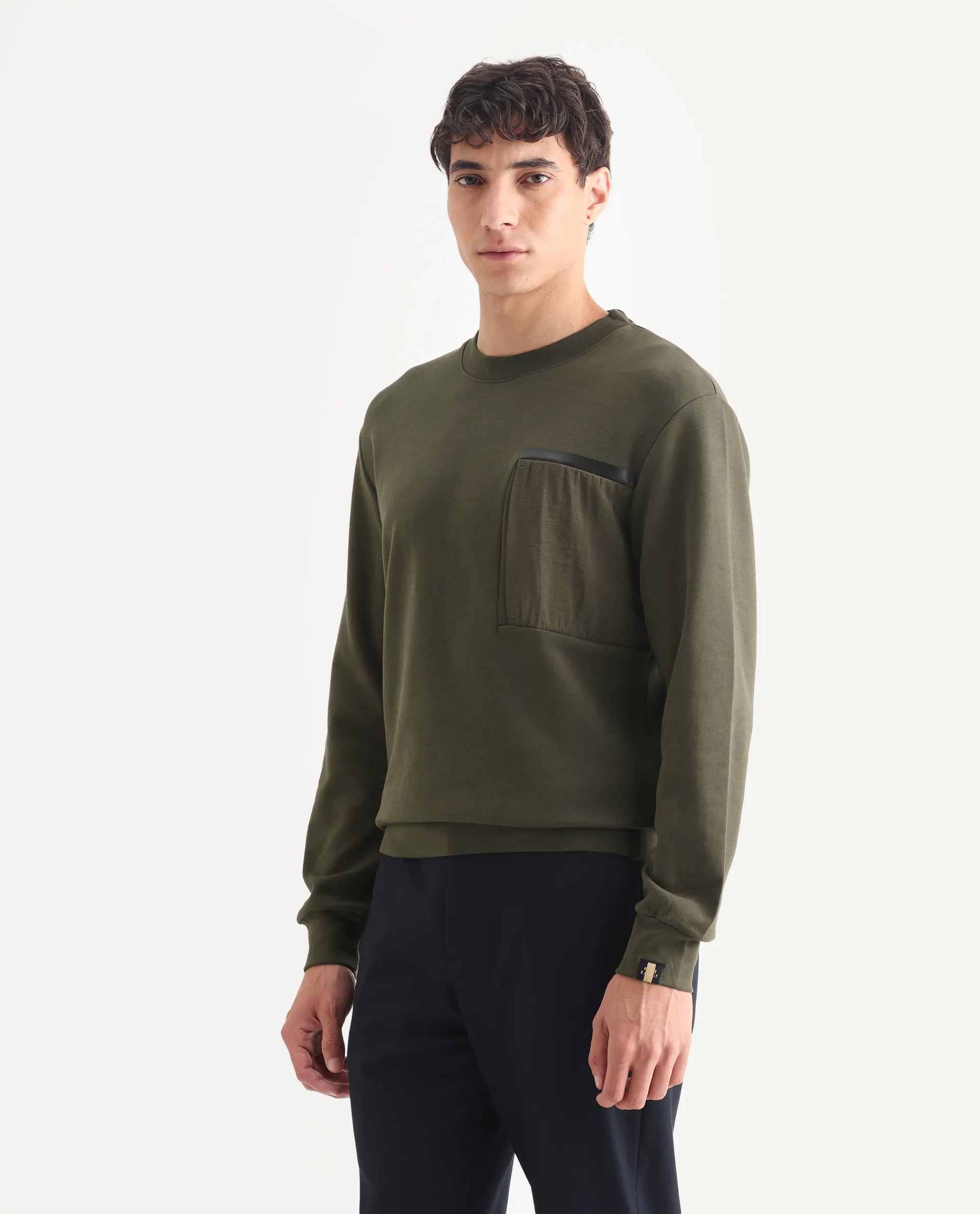 Rare Rabbit Men's Shaw Olive Cotton Plain Regular Fit Full Sleeve Crew Neck Sweatshirt