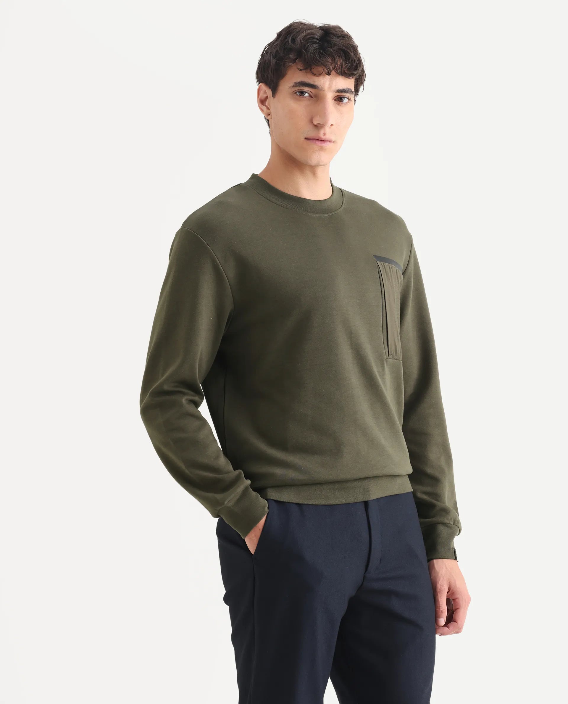Rare Rabbit Men's Shaw Olive Cotton Plain Regular Fit Full Sleeve Crew Neck Sweatshirt