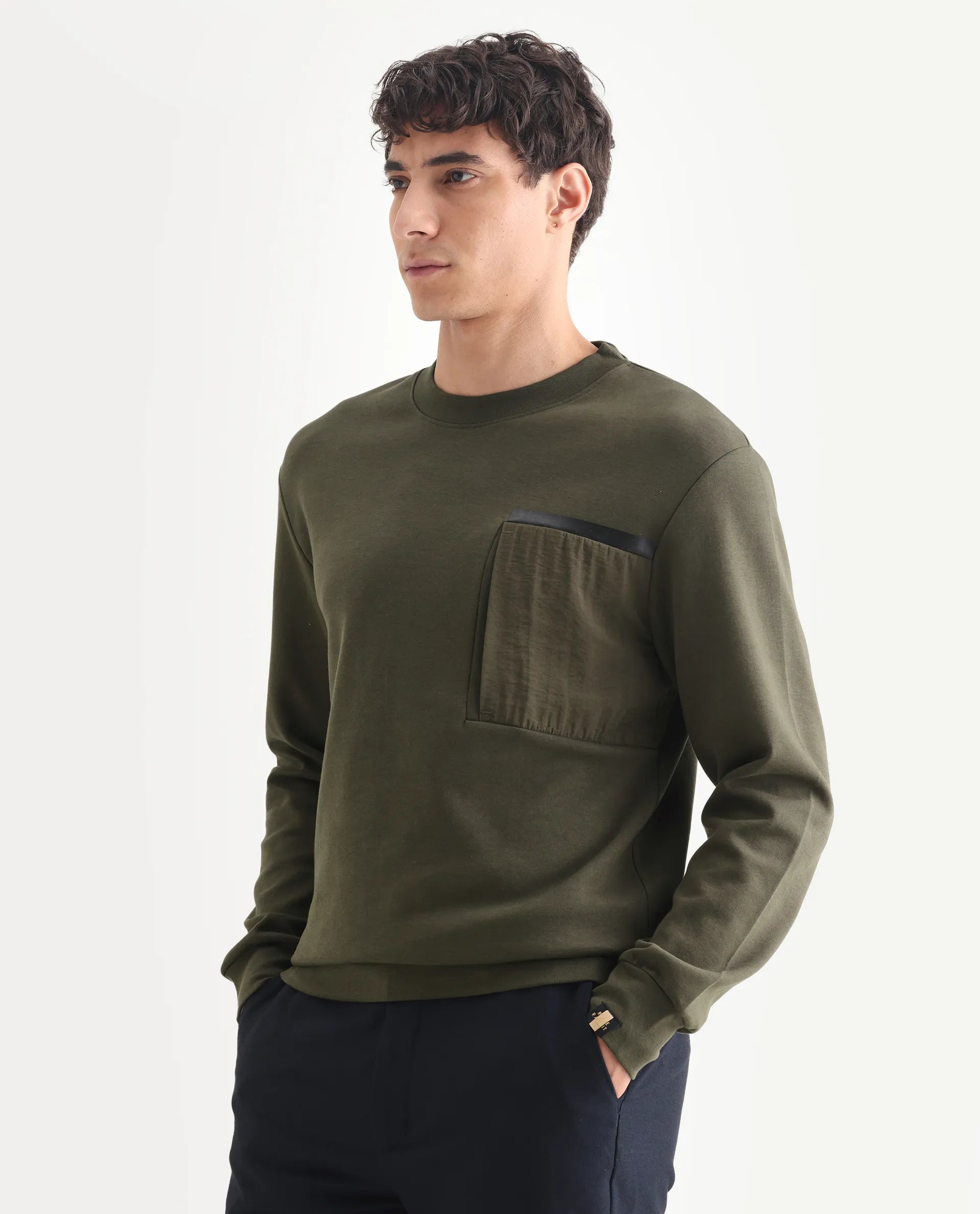 Rare Rabbit Men's Shaw Olive Cotton Plain Regular Fit Full Sleeve Crew Neck Sweatshirt