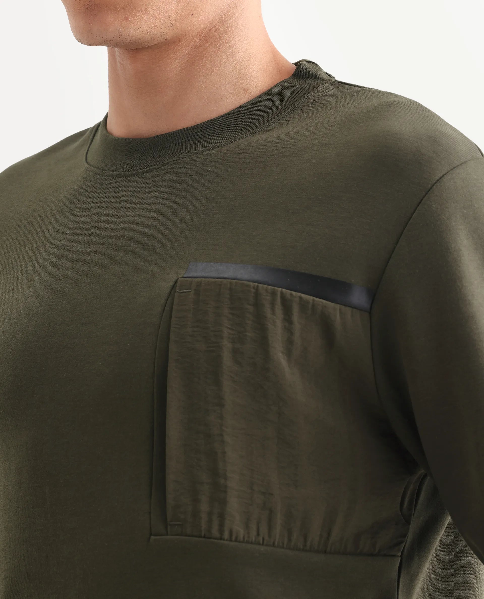 Rare Rabbit Men's Shaw Olive Cotton Plain Regular Fit Full Sleeve Crew Neck Sweatshirt