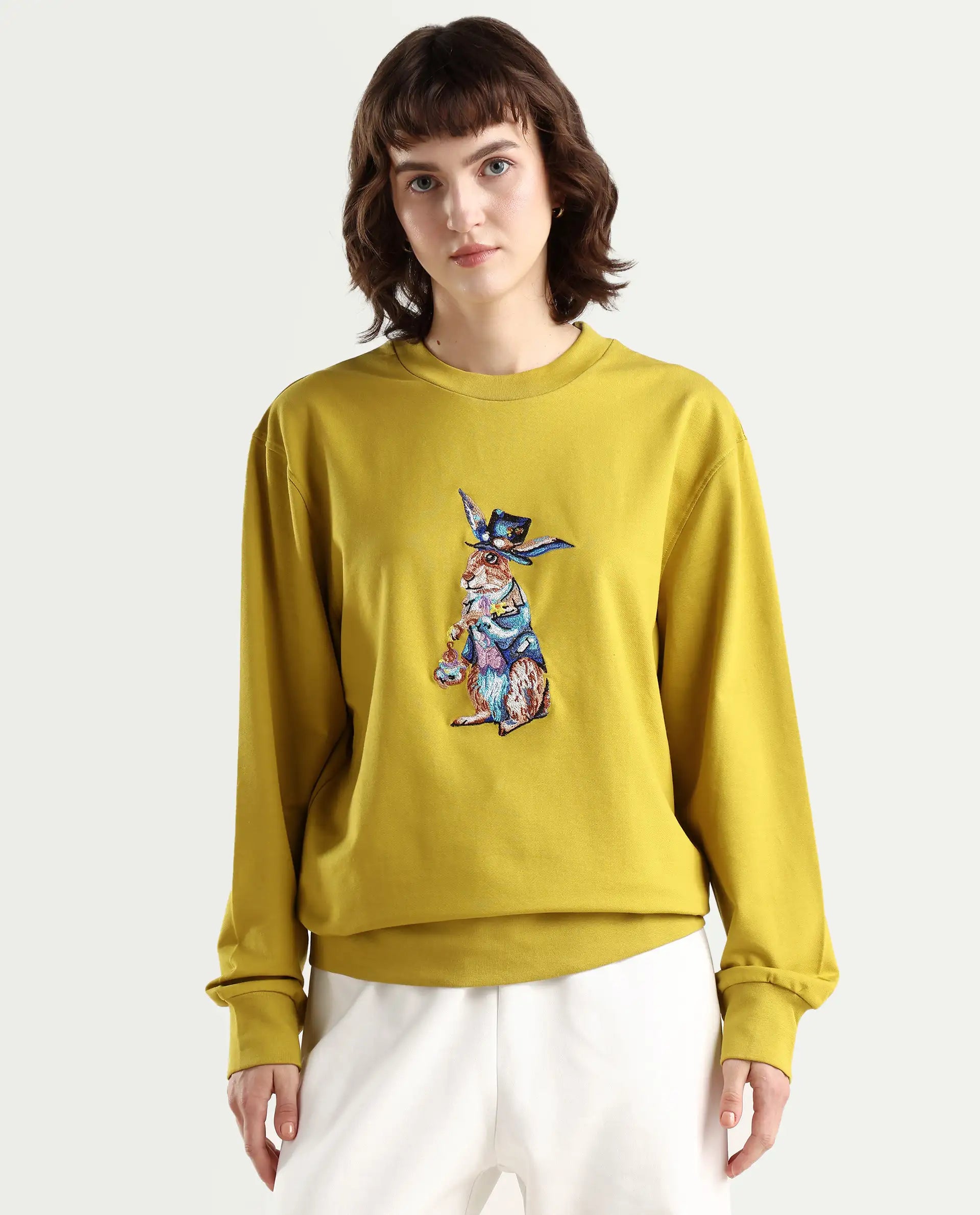 Rareism Women's Rib-1 Green Cotton Blend Crew Neck Plain Regular Fit Sweatshirt