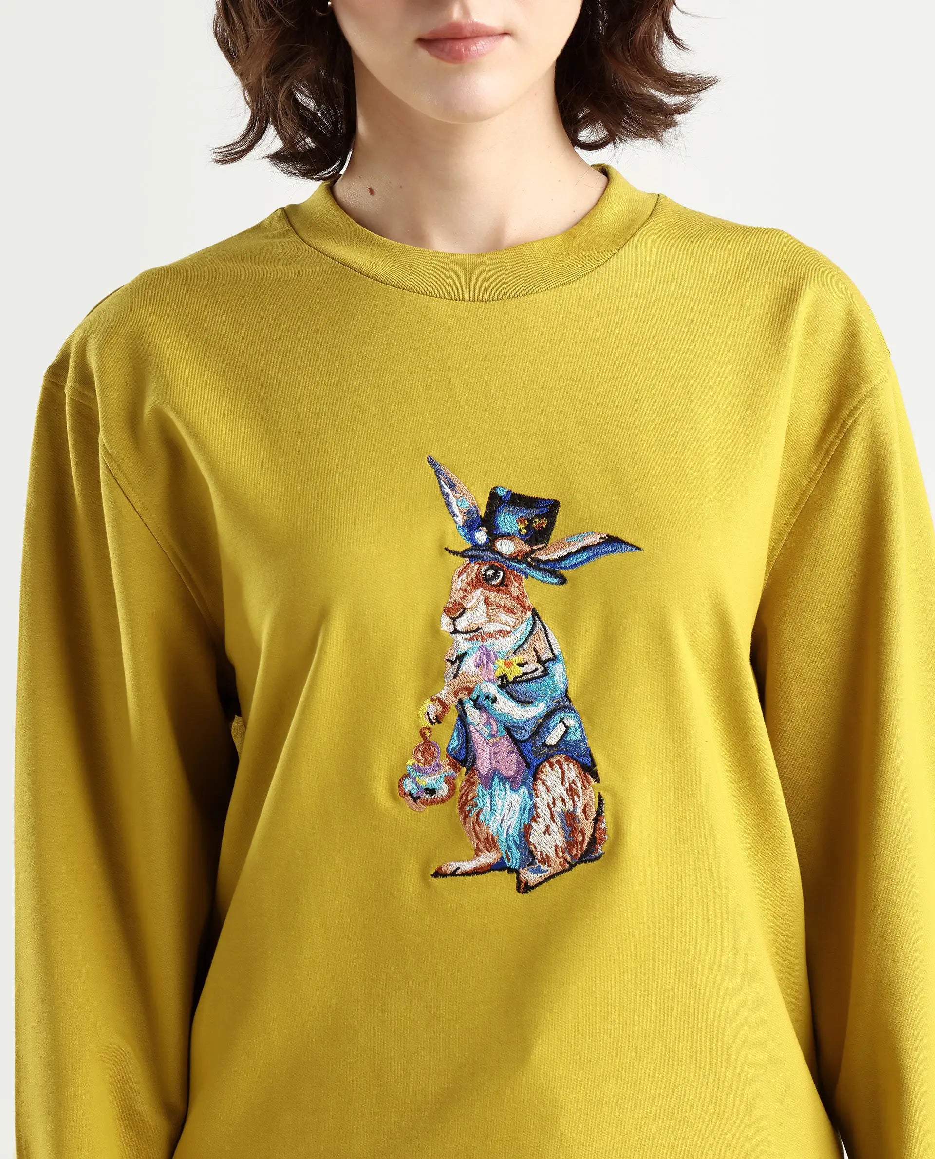 Rareism Women's Rib-1 Green Cotton Blend Crew Neck Plain Regular Fit Sweatshirt