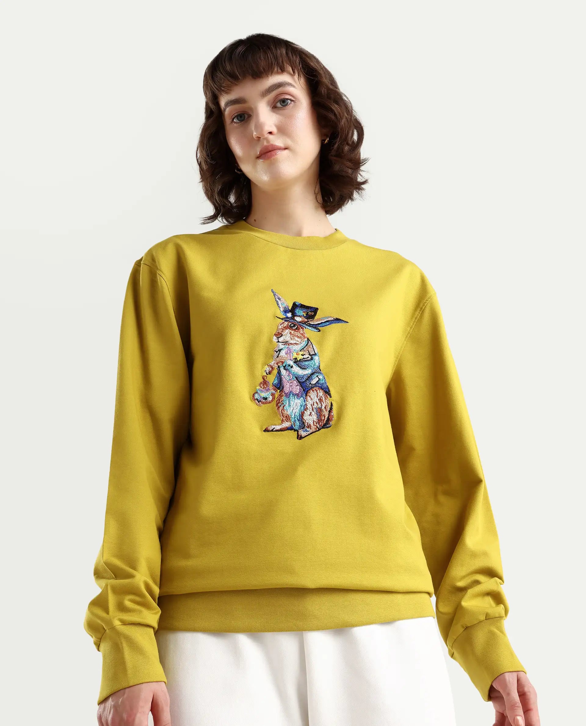 Rareism Women's Rib-1 Green Cotton Blend Crew Neck Plain Regular Fit Sweatshirt