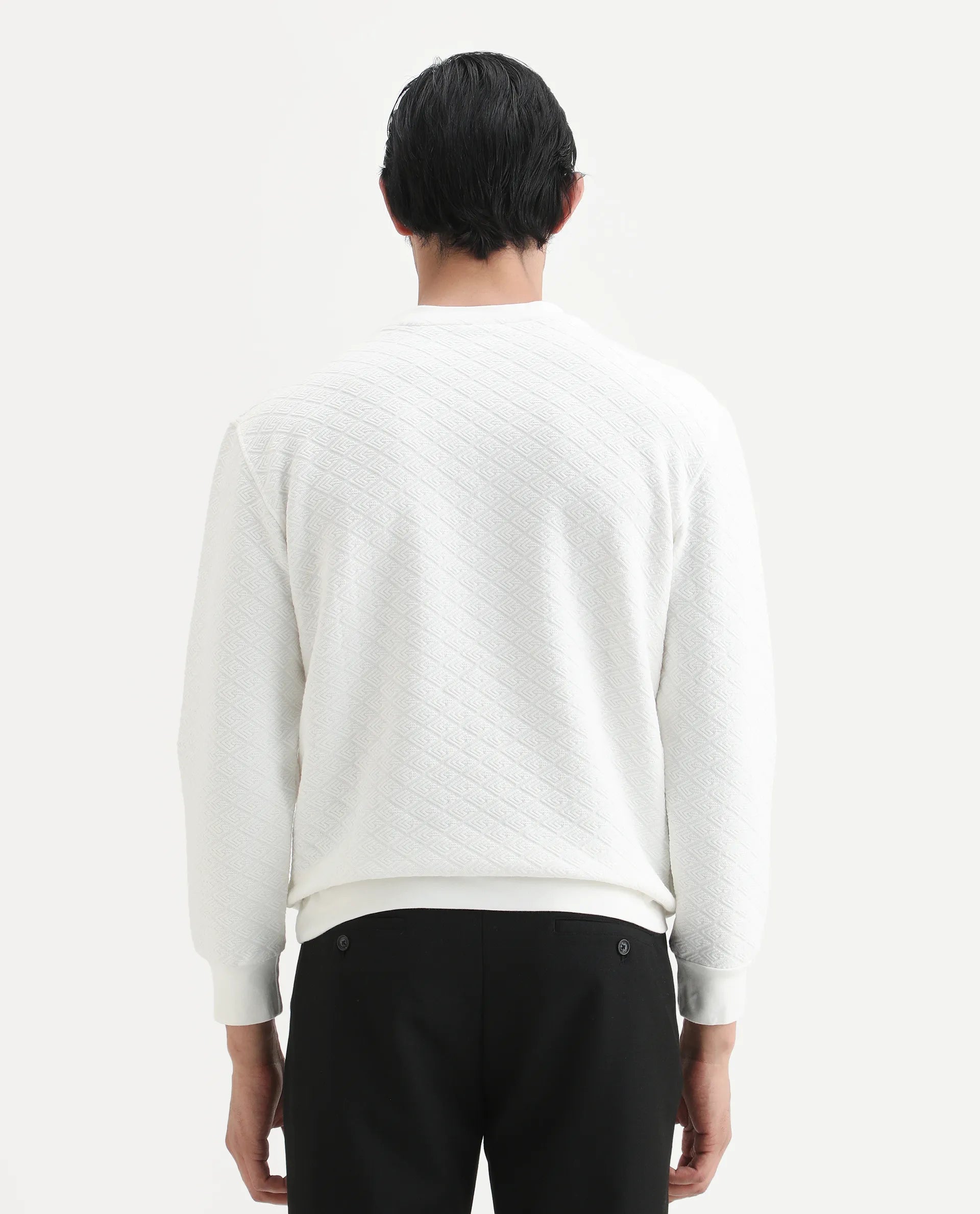 Rare Rabbit Men's Sheild-2 White Textured Regular Fit Full Sleeve Crew Neck Sweatshirt