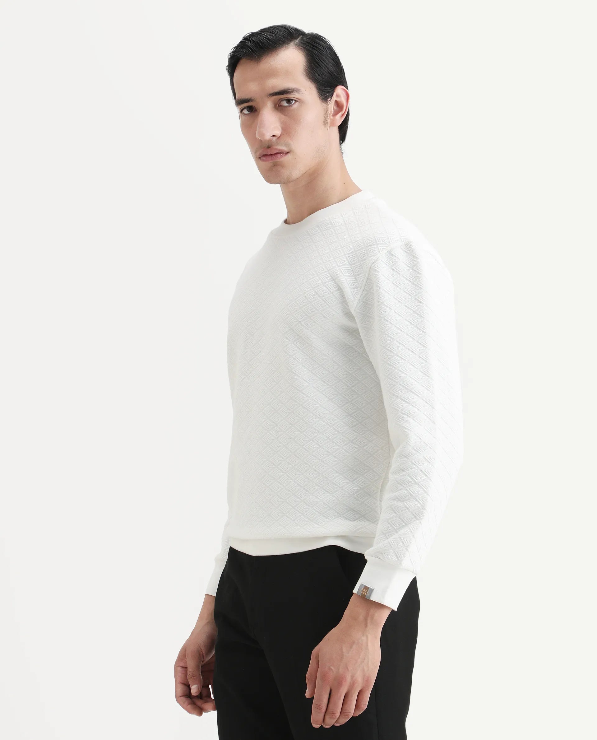 Rare Rabbit Men's Sheild-2 White Textured Regular Fit Full Sleeve Crew Neck Sweatshirt