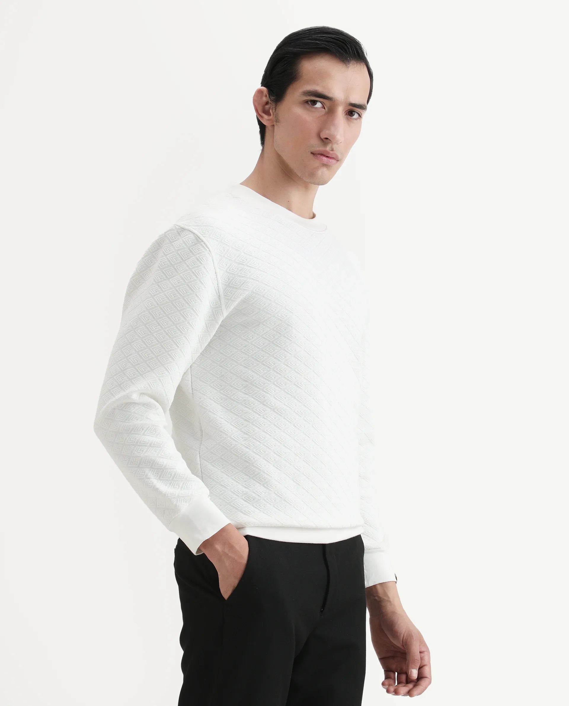 Rare Rabbit Men's Sheild-2 White Textured Regular Fit Full Sleeve Crew Neck Sweatshirt