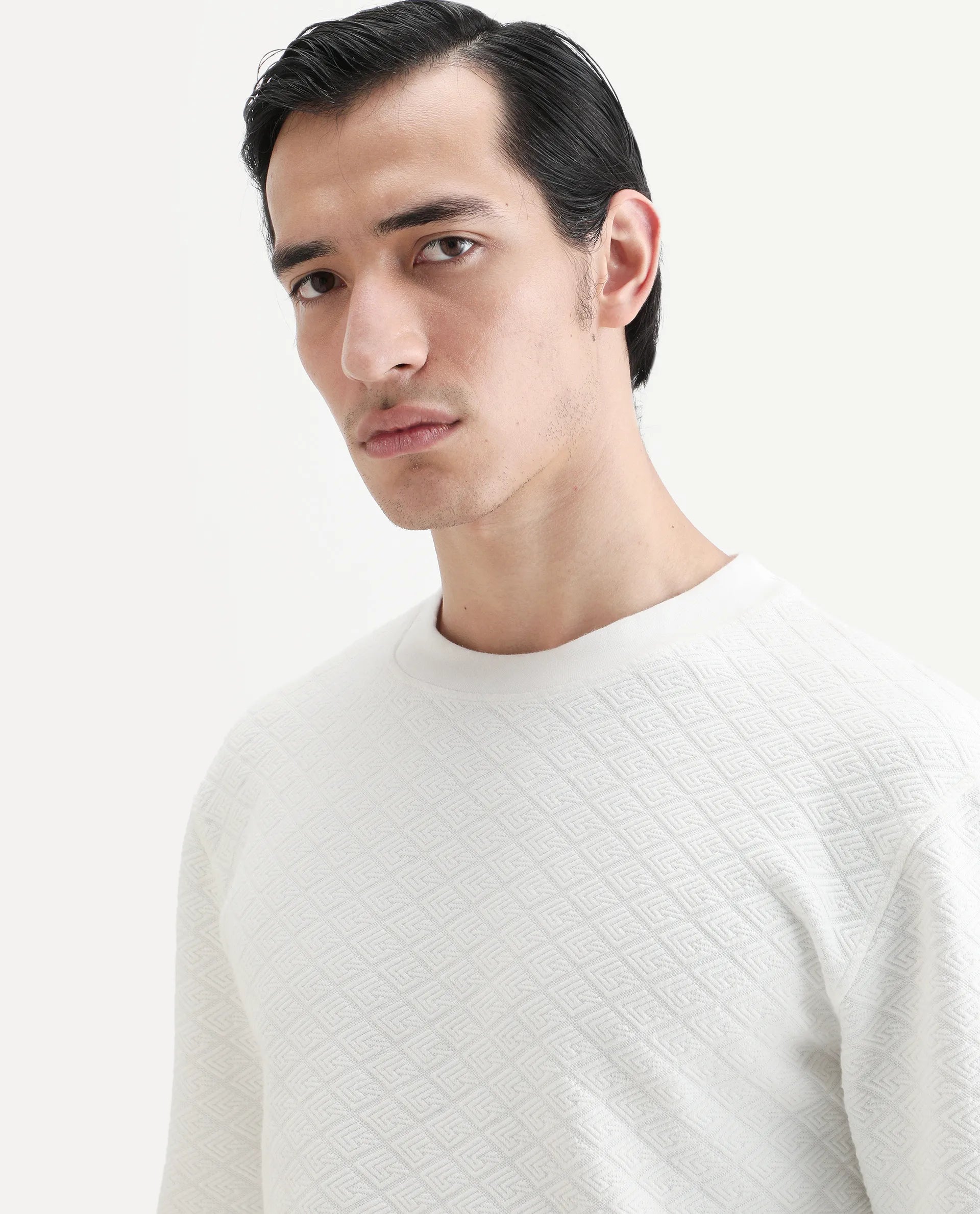 Rare Rabbit Men's Sheild-2 White Textured Regular Fit Full Sleeve Crew Neck Sweatshirt