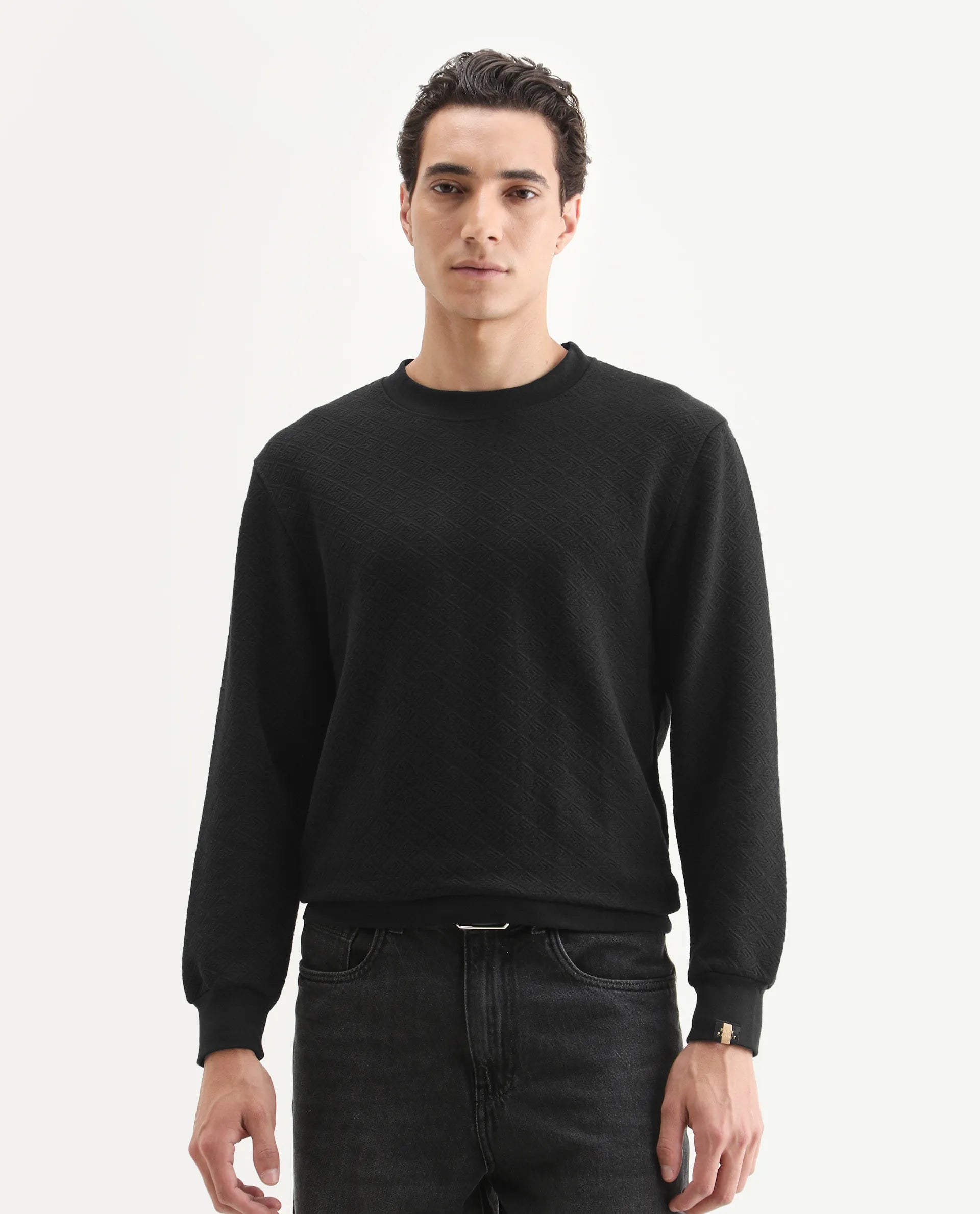 Rare Rabbit Men's Sheild-2 Black Cotton Blend Textured Regular Fit Full Sleeve Crew Neck Sweatshirt