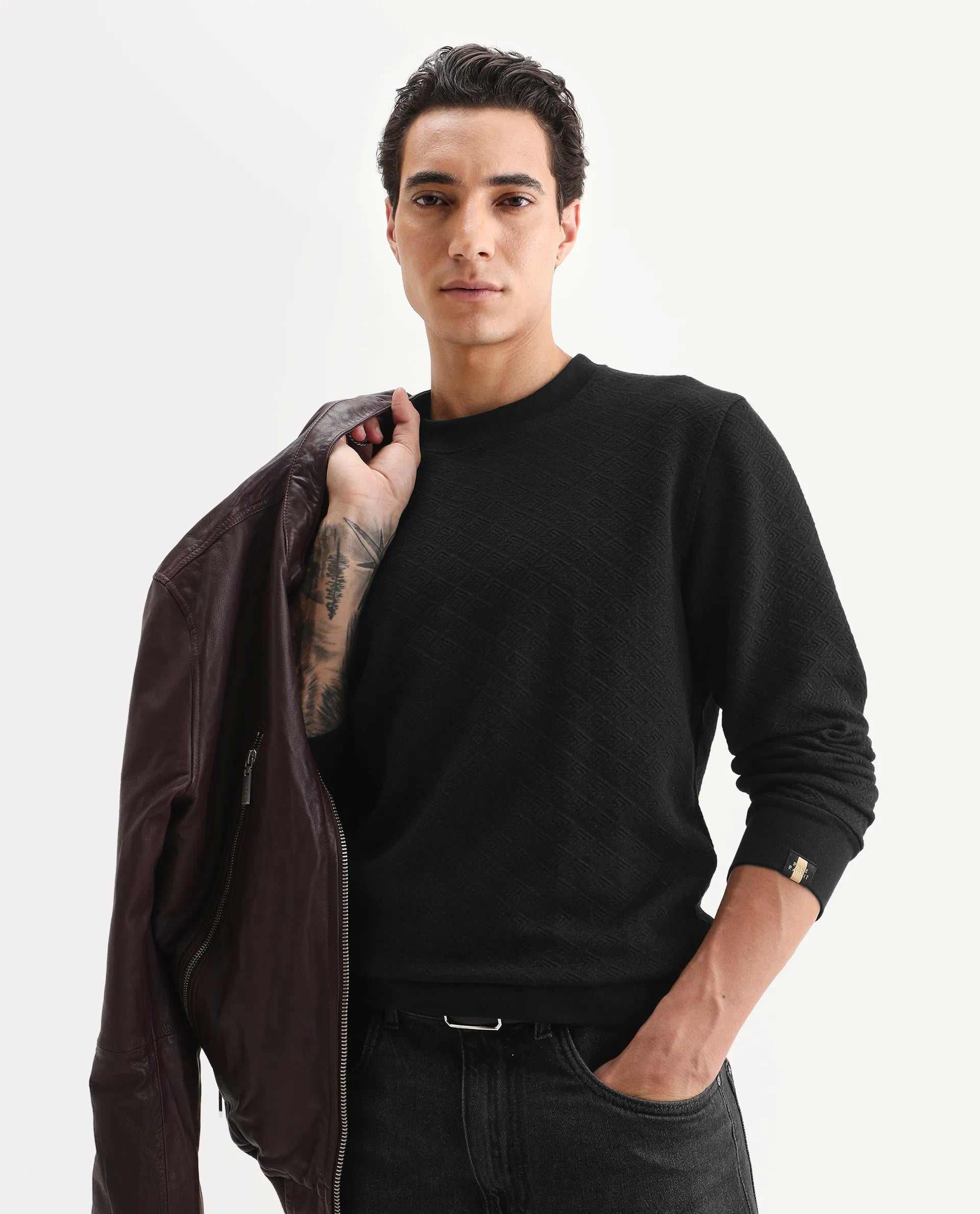 Rare Rabbit Men's Sheild-2 Black Cotton Blend Textured Regular Fit Full Sleeve Crew Neck Sweatshirt