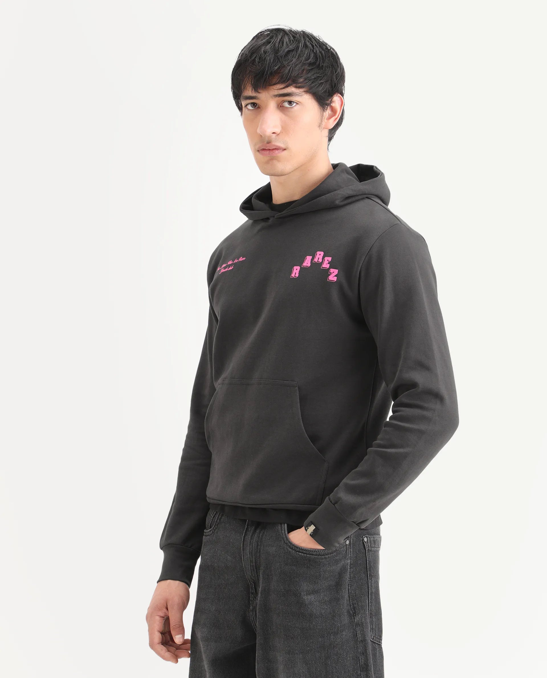 Rare Rabbit Men's Kany-1 Dark Grey Cotton Graphic Print Regular Fit Full Sleeve Hooded Sweatshirt