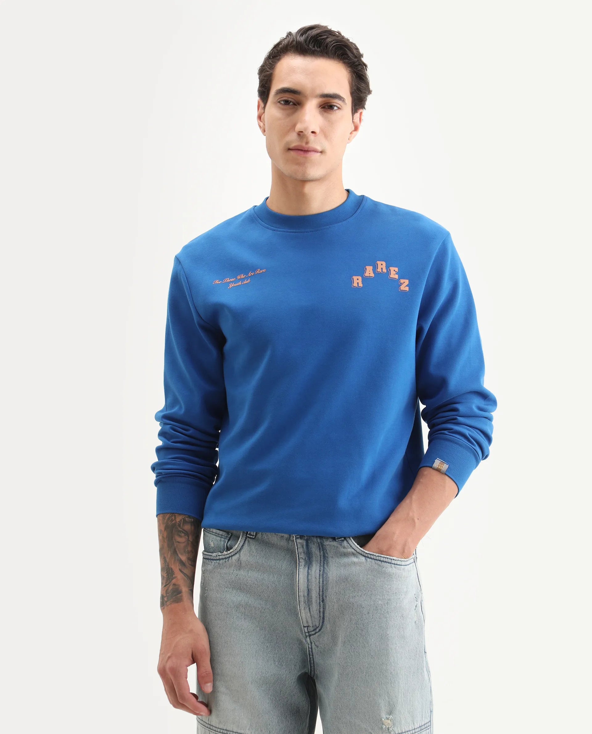Rare Rabbit Men's Kany-2 Blue Cotton Embroidered Regular Fit Full Sleeve Crew Neck Sweatshirt