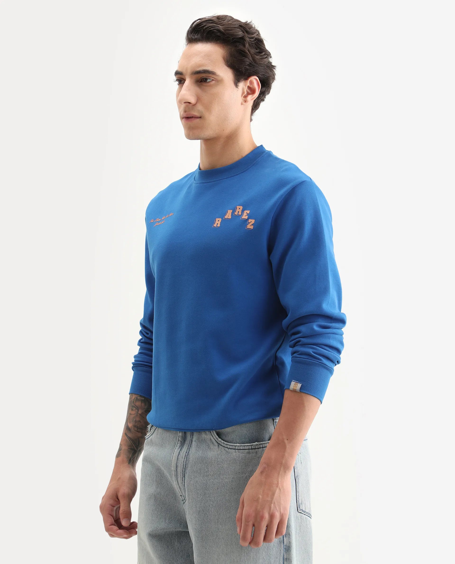 Rare Rabbit Men's Kany-2 Blue Cotton Embroidered Regular Fit Full Sleeve Crew Neck Sweatshirt