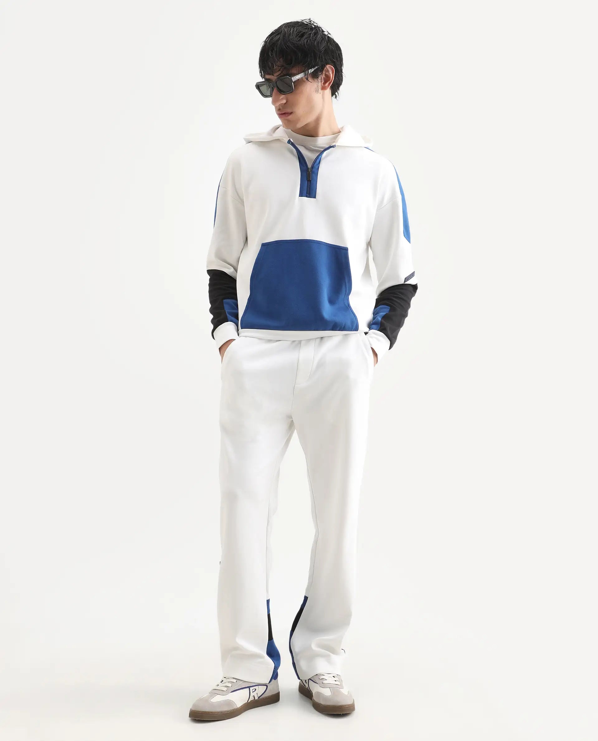 Rare Rabbit Men's Armo-2 White Cotton Ombre Regular Fit Full Sleeve Hooded Sweatshirt