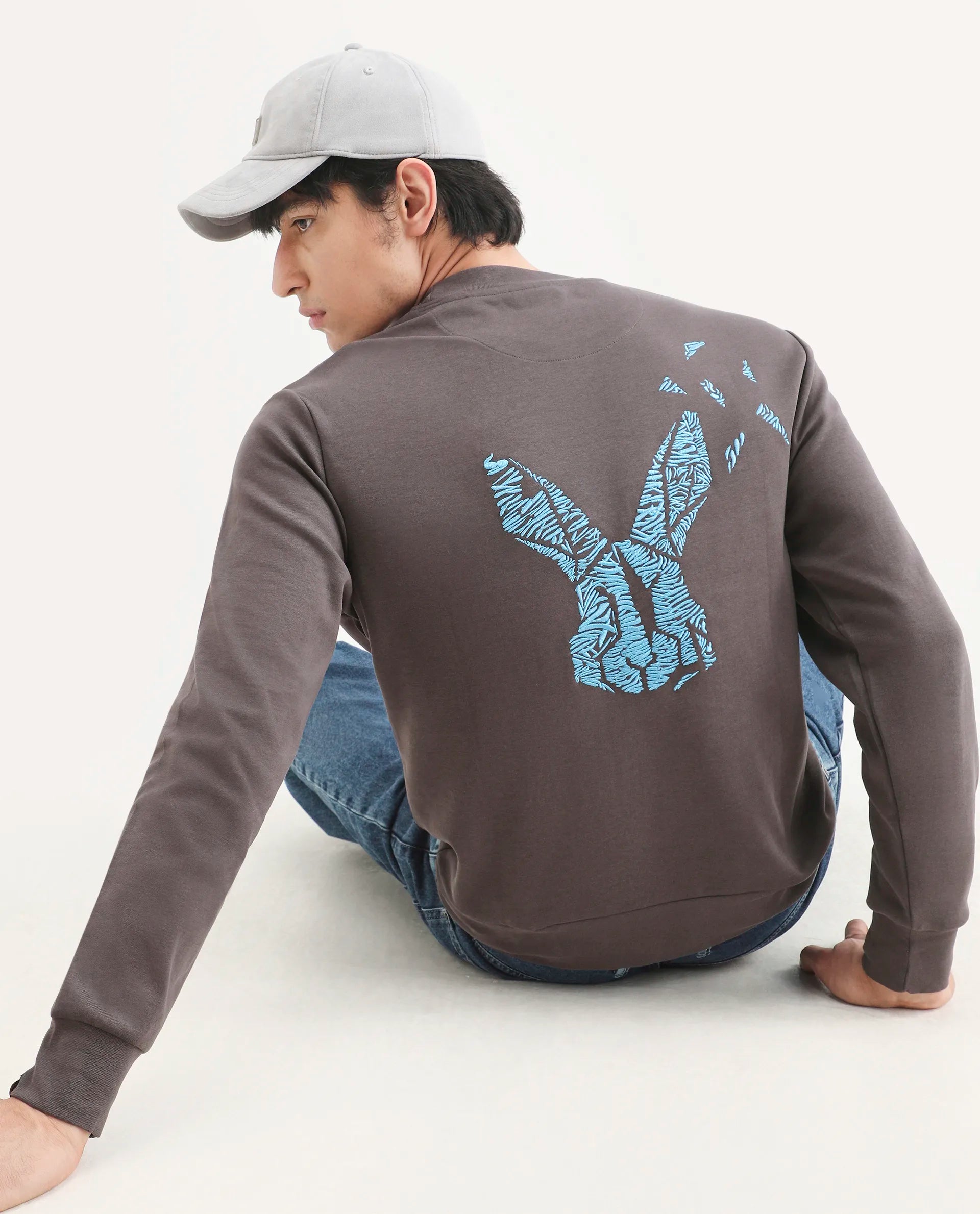 Rare Rabbit Men's Bay Dark Grey Cotton Graphic Print Regular Fit Full Sleeve Crew Neck Sweatshirt
