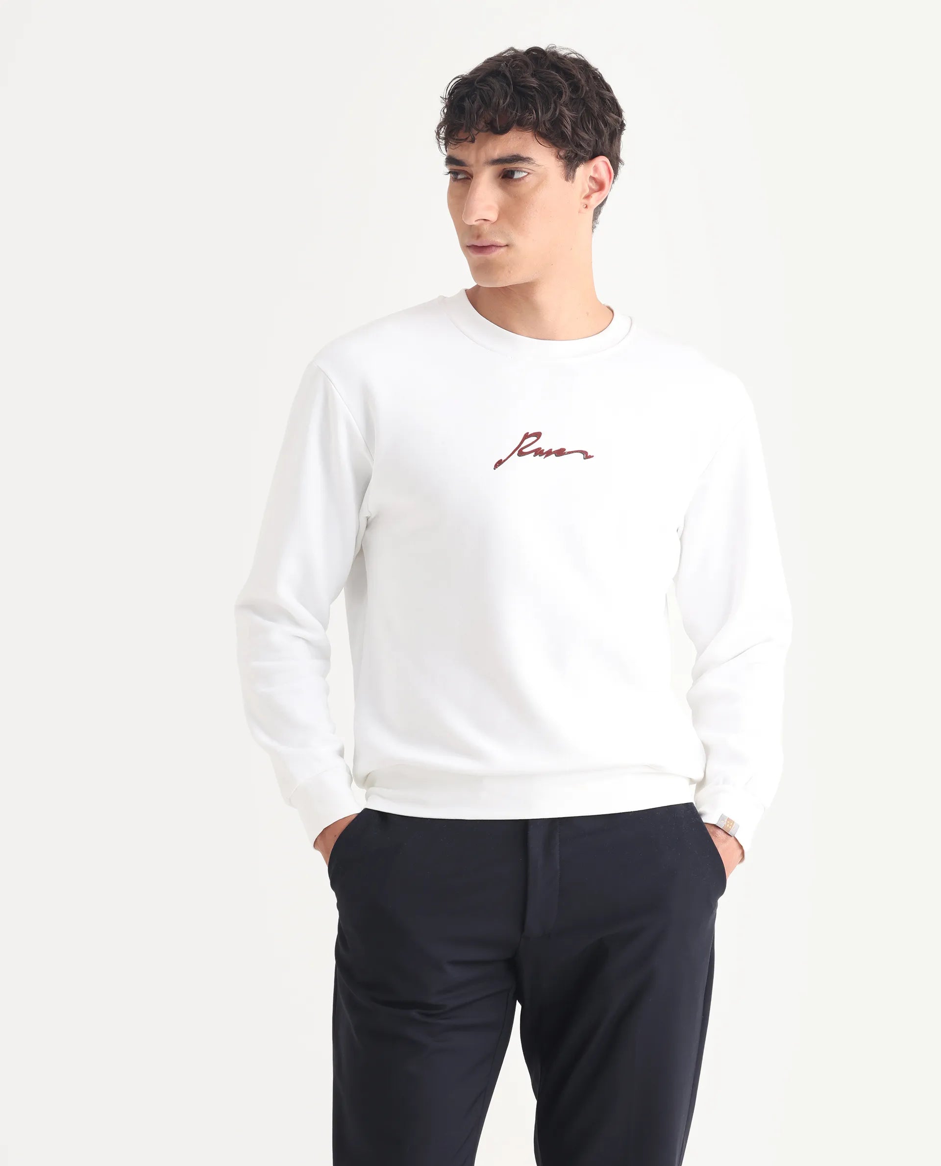 Rare Rabbit Men's Rew-1 White Cotton Graphic Print Regular Fit Full Sleeve Crew Neck Sweatshirt