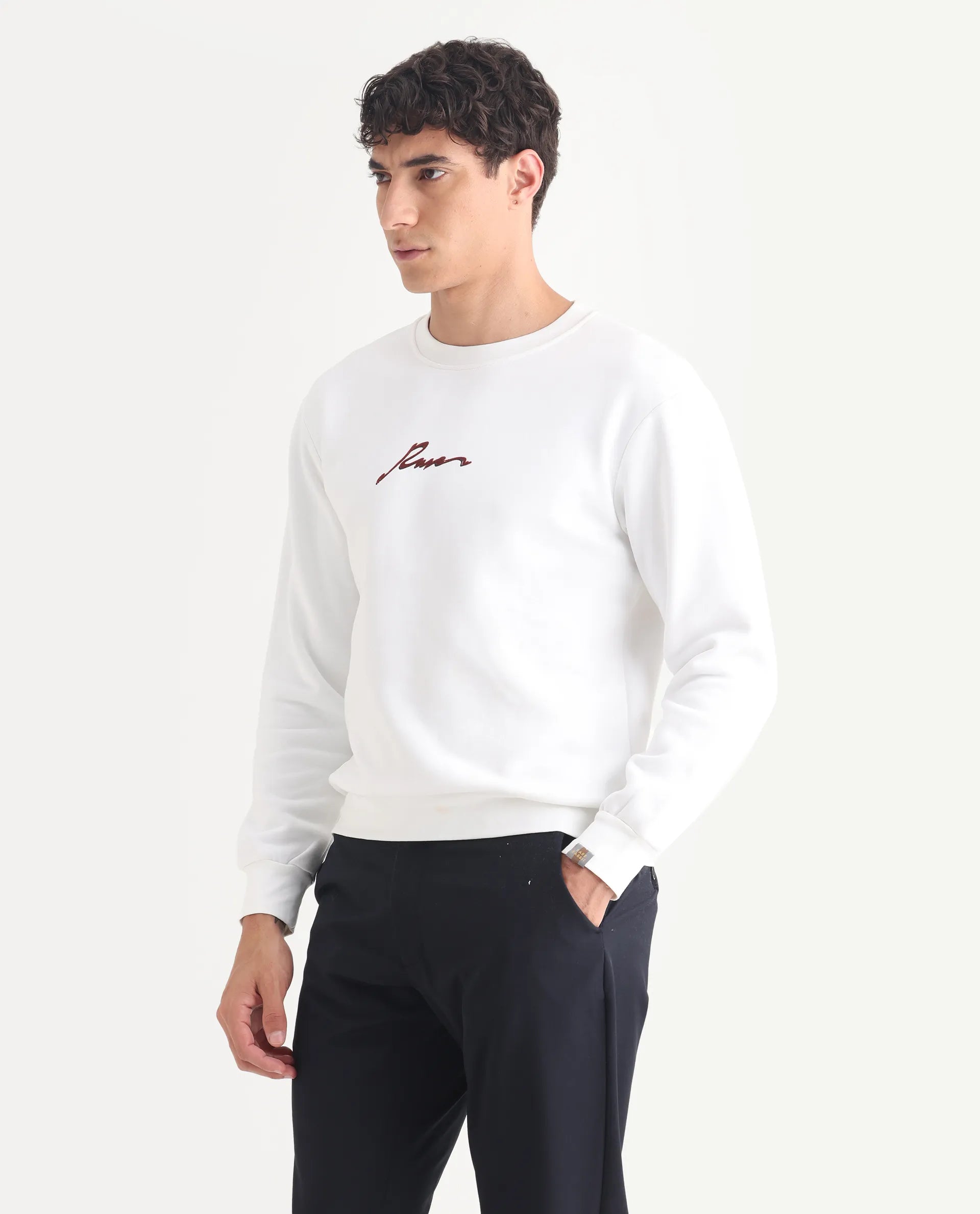 Rare Rabbit Men's Rew-1 White Cotton Graphic Print Regular Fit Full Sleeve Crew Neck Sweatshirt