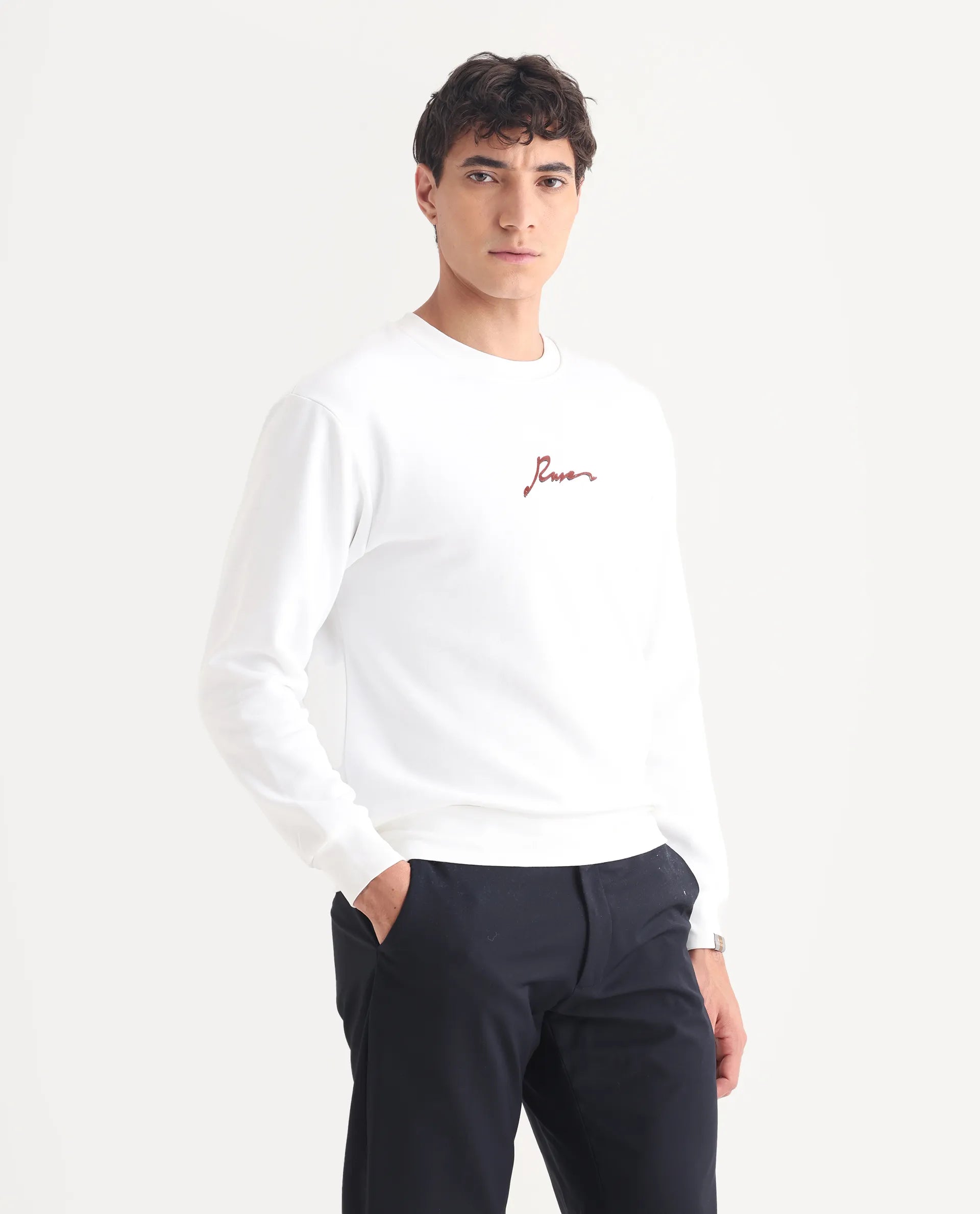 Rare Rabbit Men's Rew-1 White Cotton Graphic Print Regular Fit Full Sleeve Crew Neck Sweatshirt