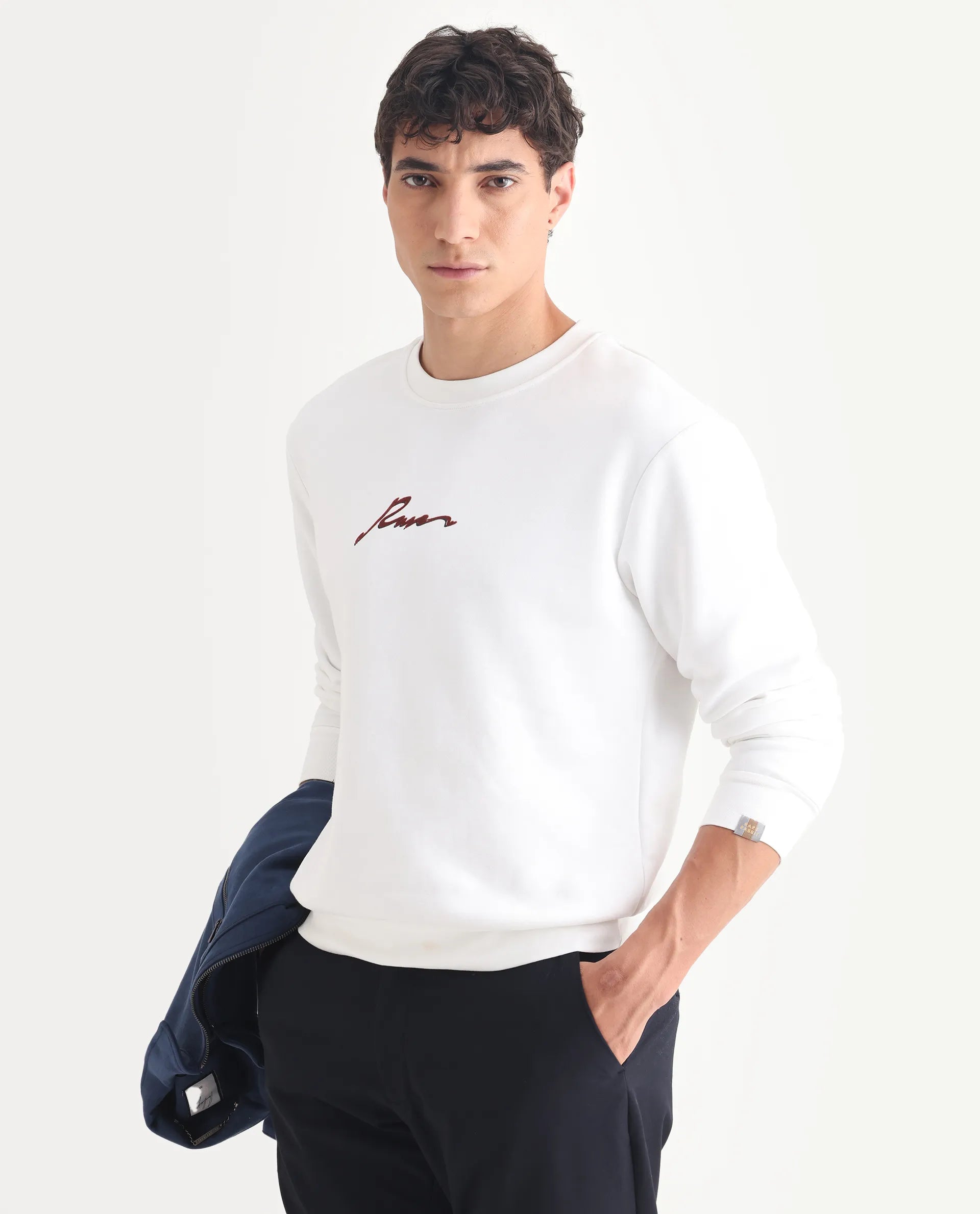 Rare Rabbit Men's Rew-1 White Cotton Graphic Print Regular Fit Full Sleeve Crew Neck Sweatshirt