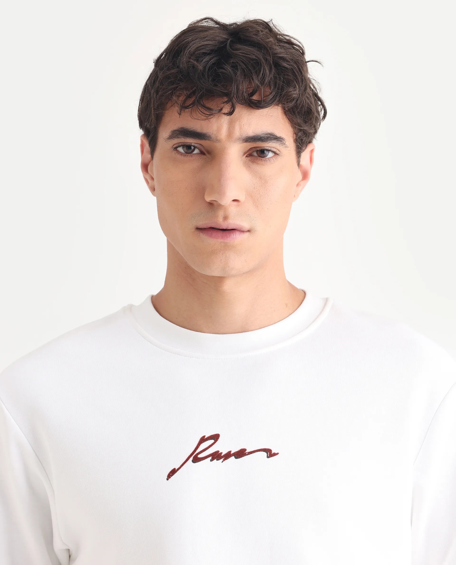 Rare Rabbit Men's Rew-1 White Cotton Graphic Print Regular Fit Full Sleeve Crew Neck Sweatshirt