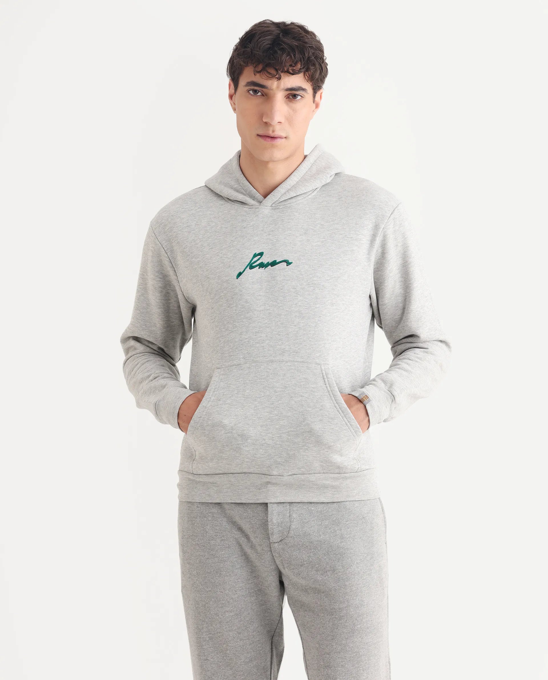 Rare Rabbit Men's Rew-2 Melange Grey Cotton Blend Graphic Print Regular Fit Full Sleeve Hooded Sweatshirt