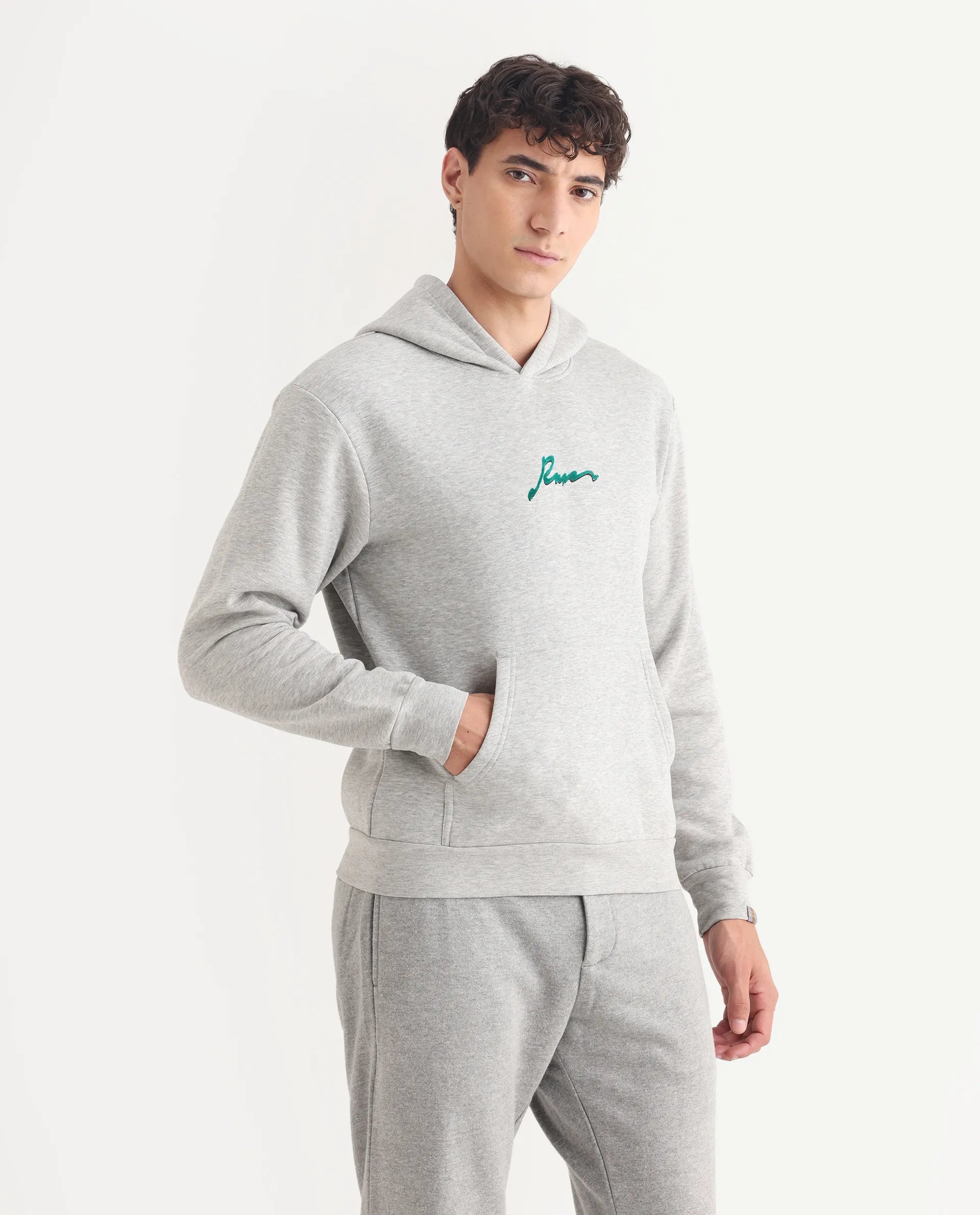 Rare Rabbit Men's Rew-2 Melange Grey Cotton Blend Graphic Print Regular Fit Full Sleeve Hooded Sweatshirt