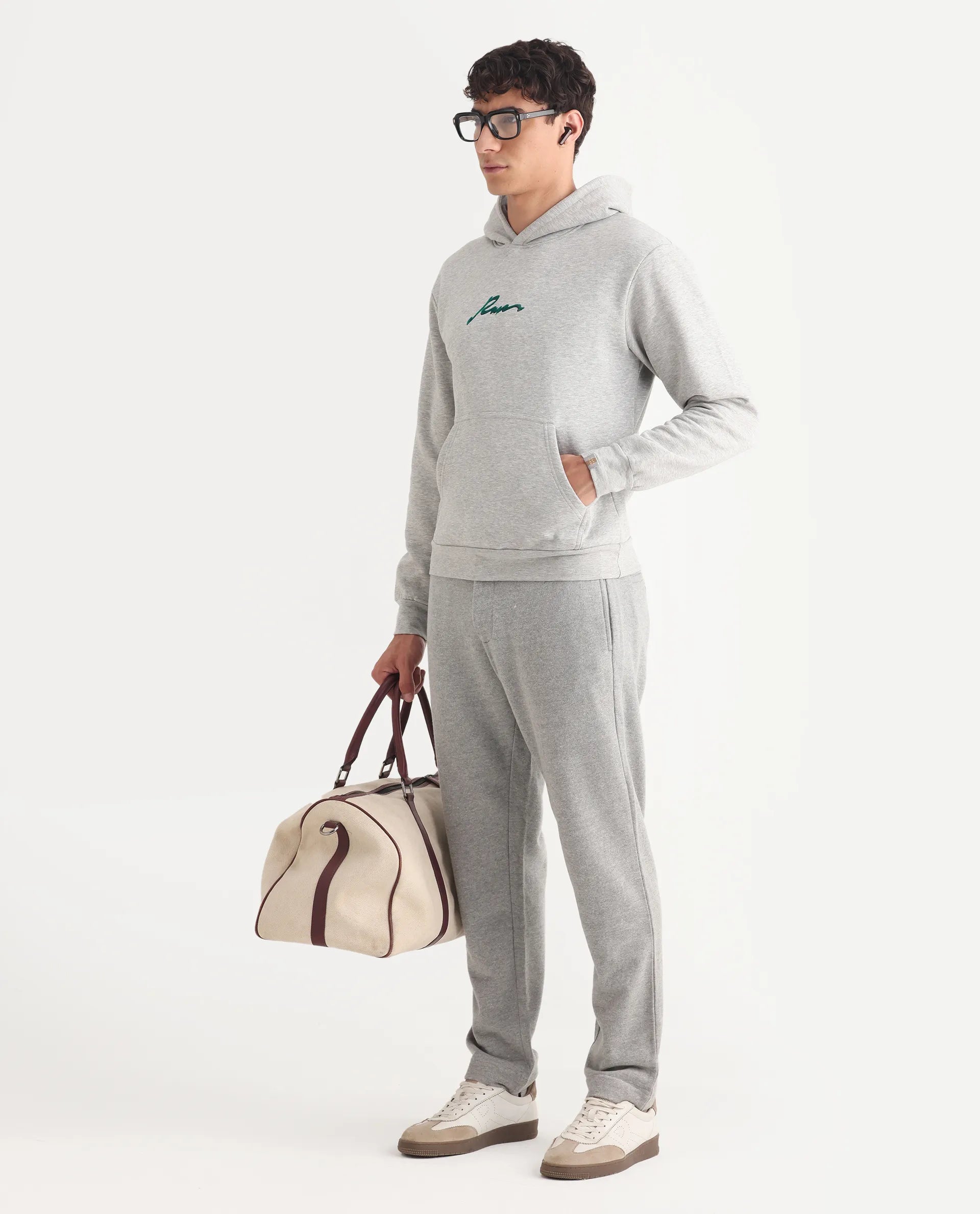 Rare Rabbit Men's Rew-2 Melange Grey Cotton Blend Graphic Print Regular Fit Full Sleeve Hooded Sweatshirt