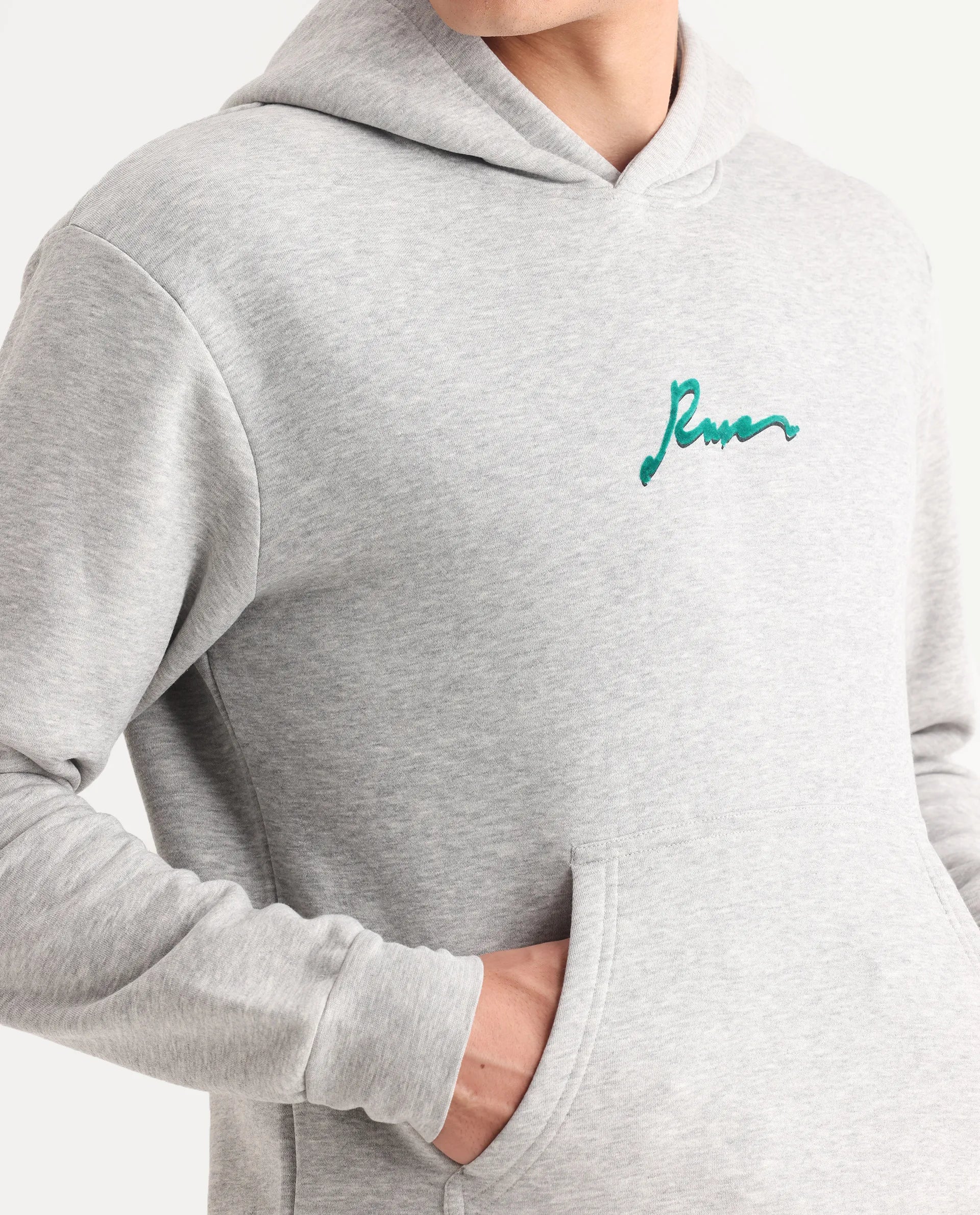 Rare Rabbit Men's Rew-2 Melange Grey Cotton Blend Graphic Print Regular Fit Full Sleeve Hooded Sweatshirt