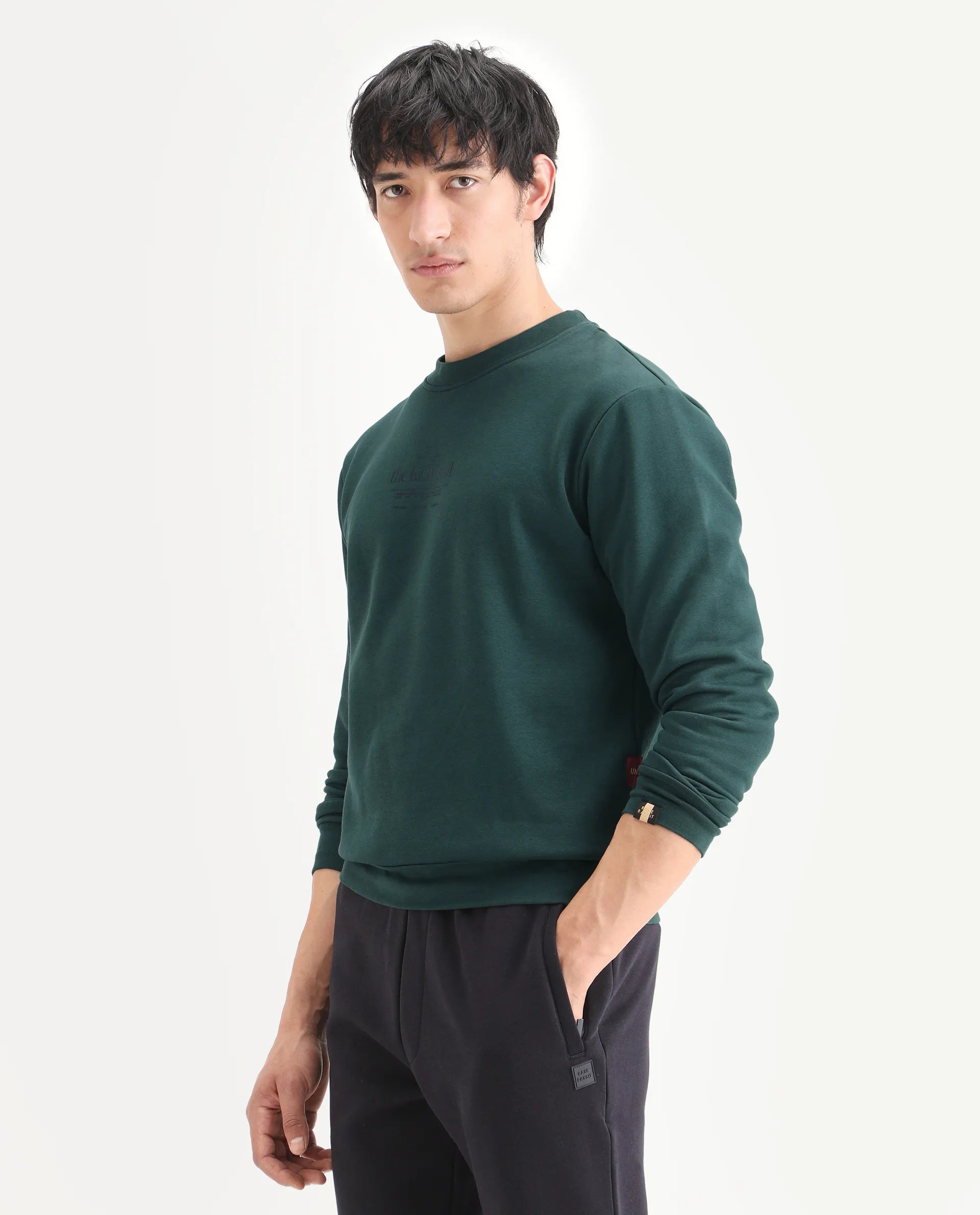 Rare Rabbit Men's Tamar Dark Green Cotton Blend Graphic Print Regular Fit Full Sleeve Crew Neck Sweatshirt