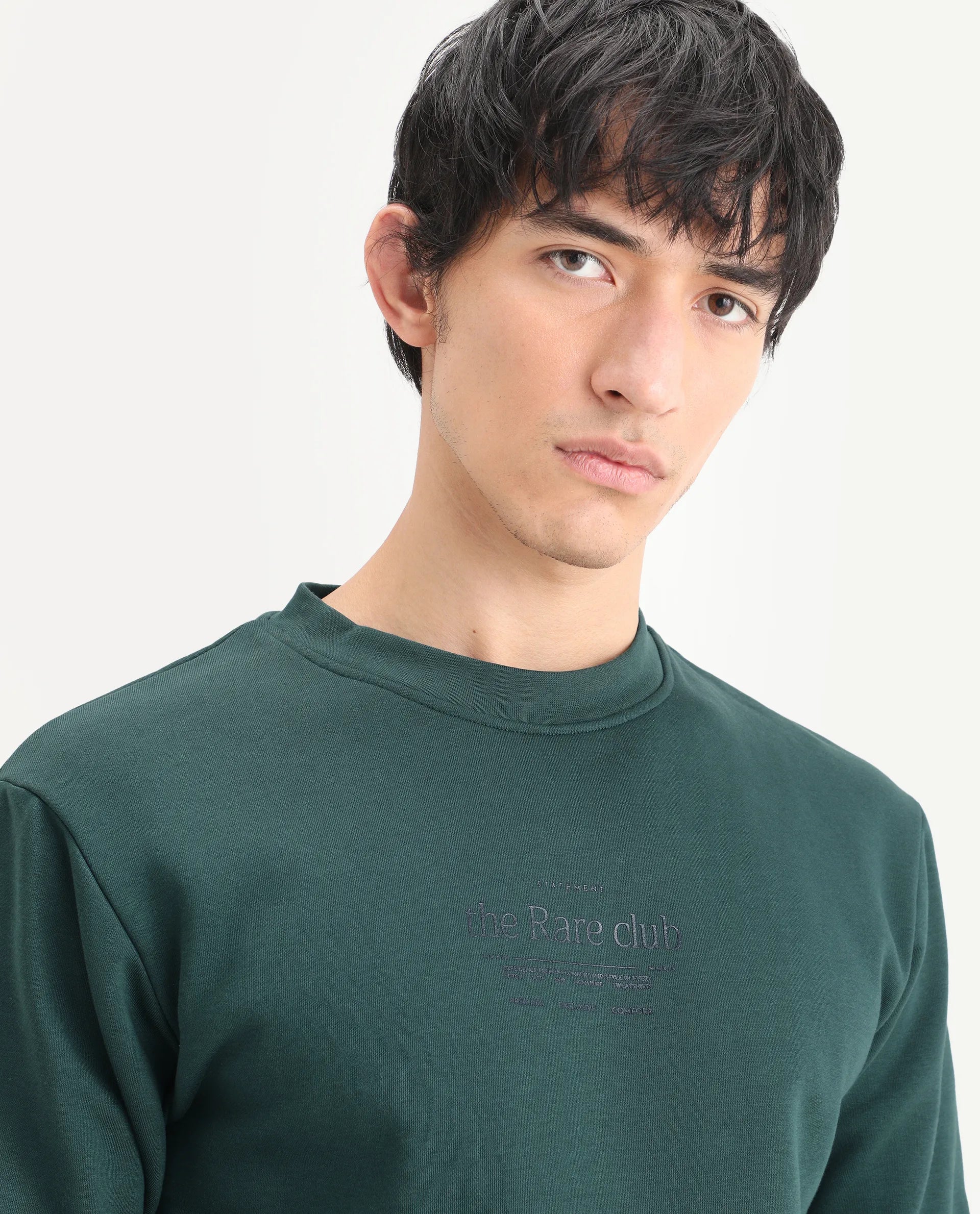 Rare Rabbit Men's Tamar Dark Green Cotton Blend Graphic Print Regular Fit Full Sleeve Crew Neck Sweatshirt