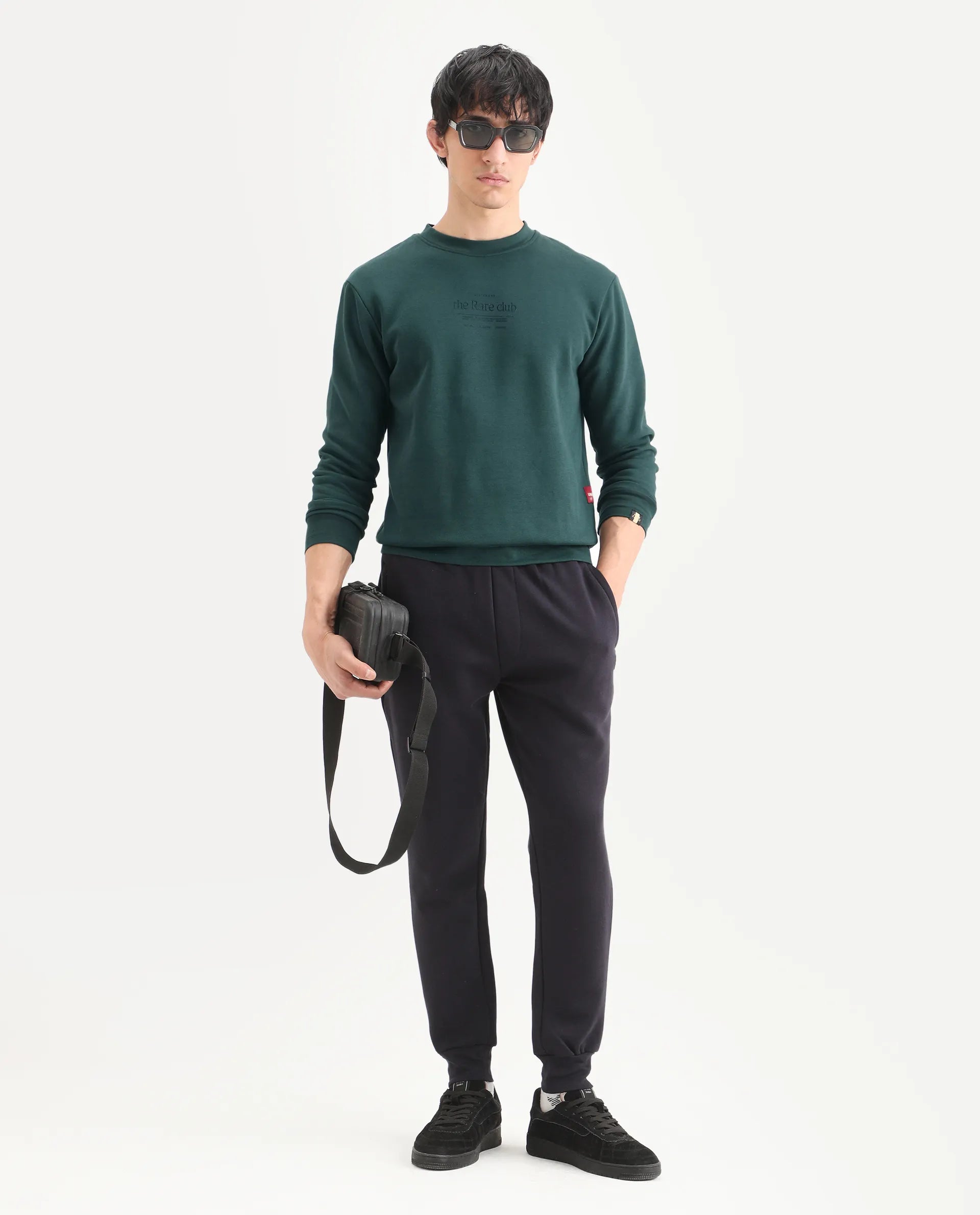 Rare Rabbit Men's Tamar Dark Green Cotton Blend Graphic Print Regular Fit Full Sleeve Crew Neck Sweatshirt