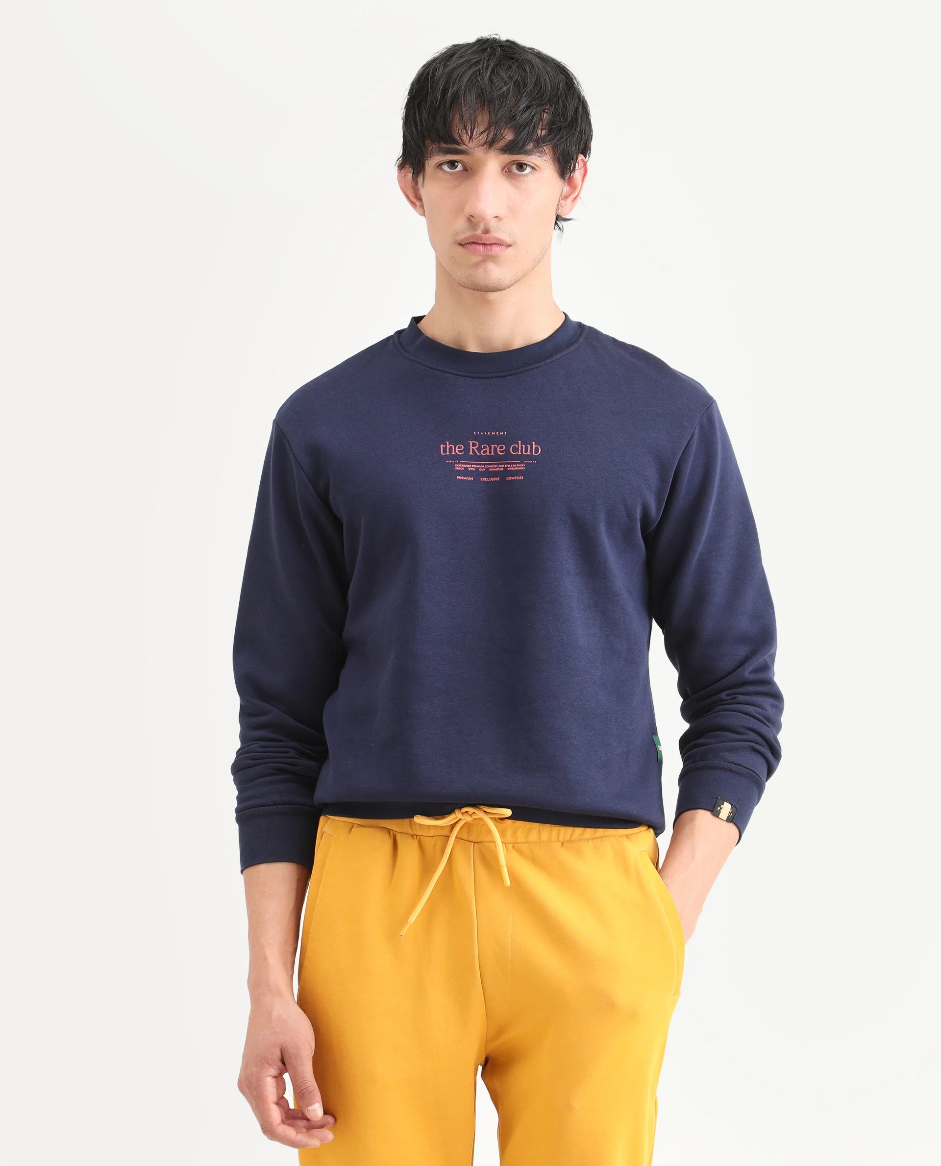 Rare Rabbit Men's Tamar Navy Cotton Blend Graphic Print Regular Fit Full Sleeve Crew Neck Sweatshirt