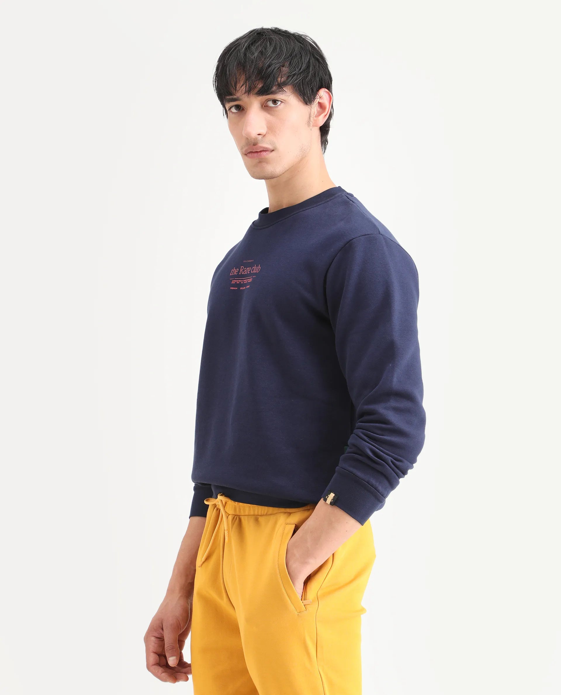 Rare Rabbit Men's Tamar Navy Cotton Blend Graphic Print Regular Fit Full Sleeve Crew Neck Sweatshirt