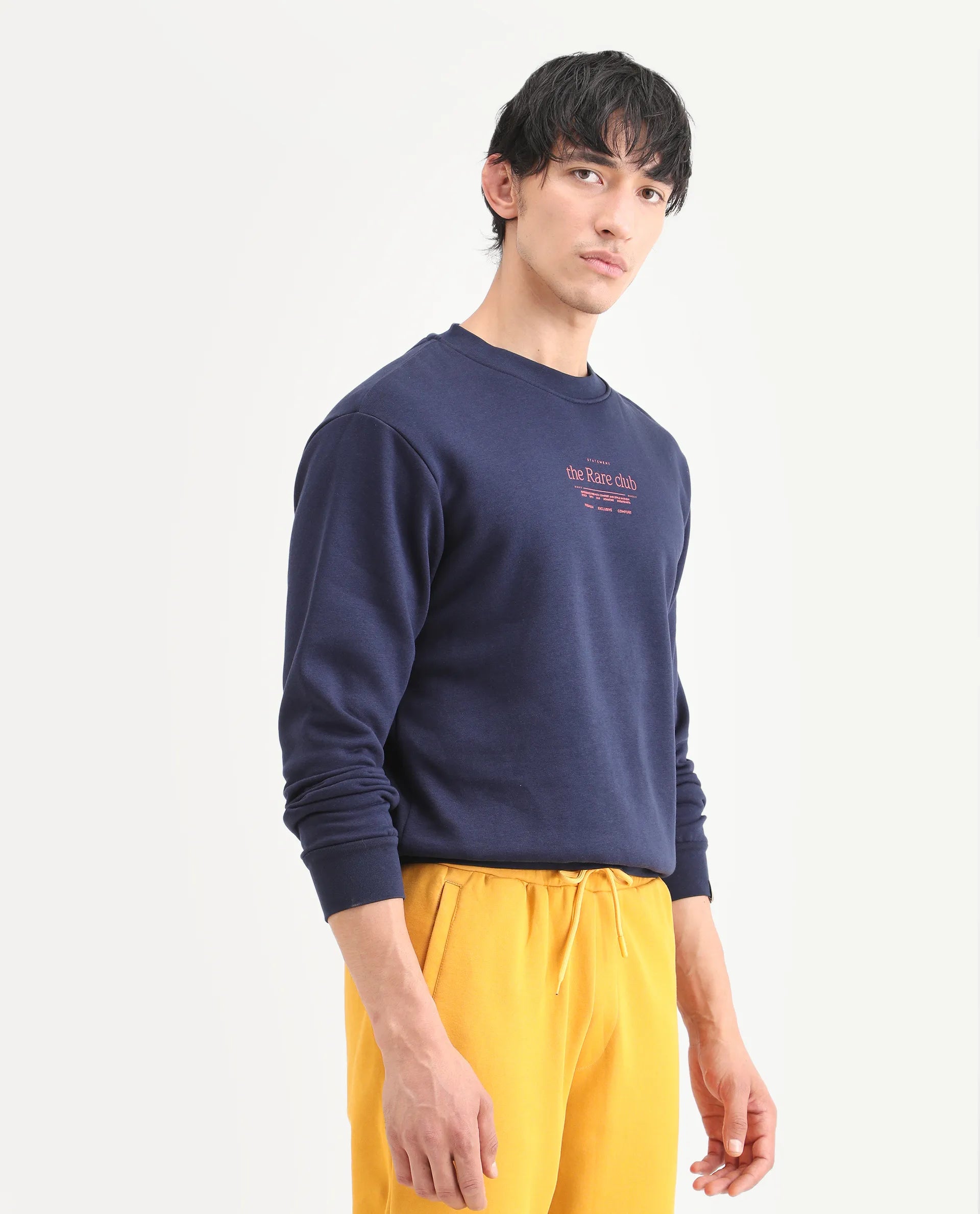 Rare Rabbit Men's Tamar Navy Cotton Blend Graphic Print Regular Fit Full Sleeve Crew Neck Sweatshirt