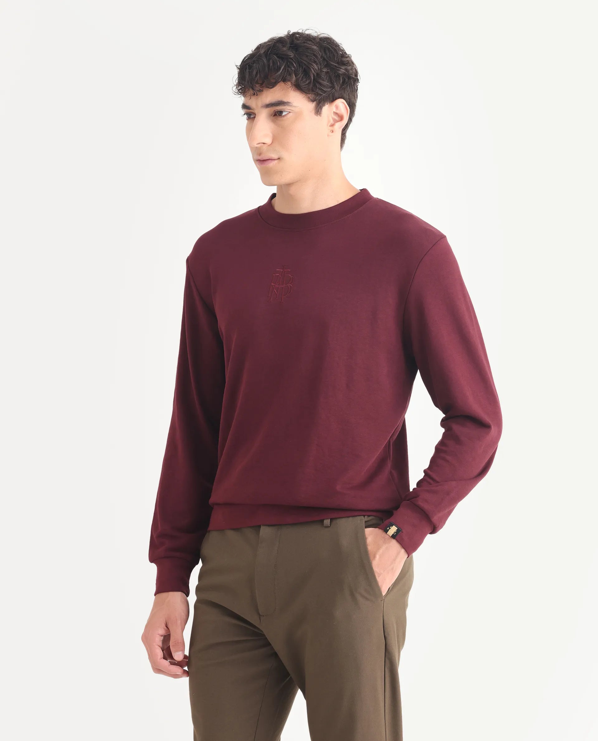 Rare Rabbit Men's Wares Maroon Cotton Blend Embroidered Regular Fit Full Sleeve Crew Neck Sweatshirt