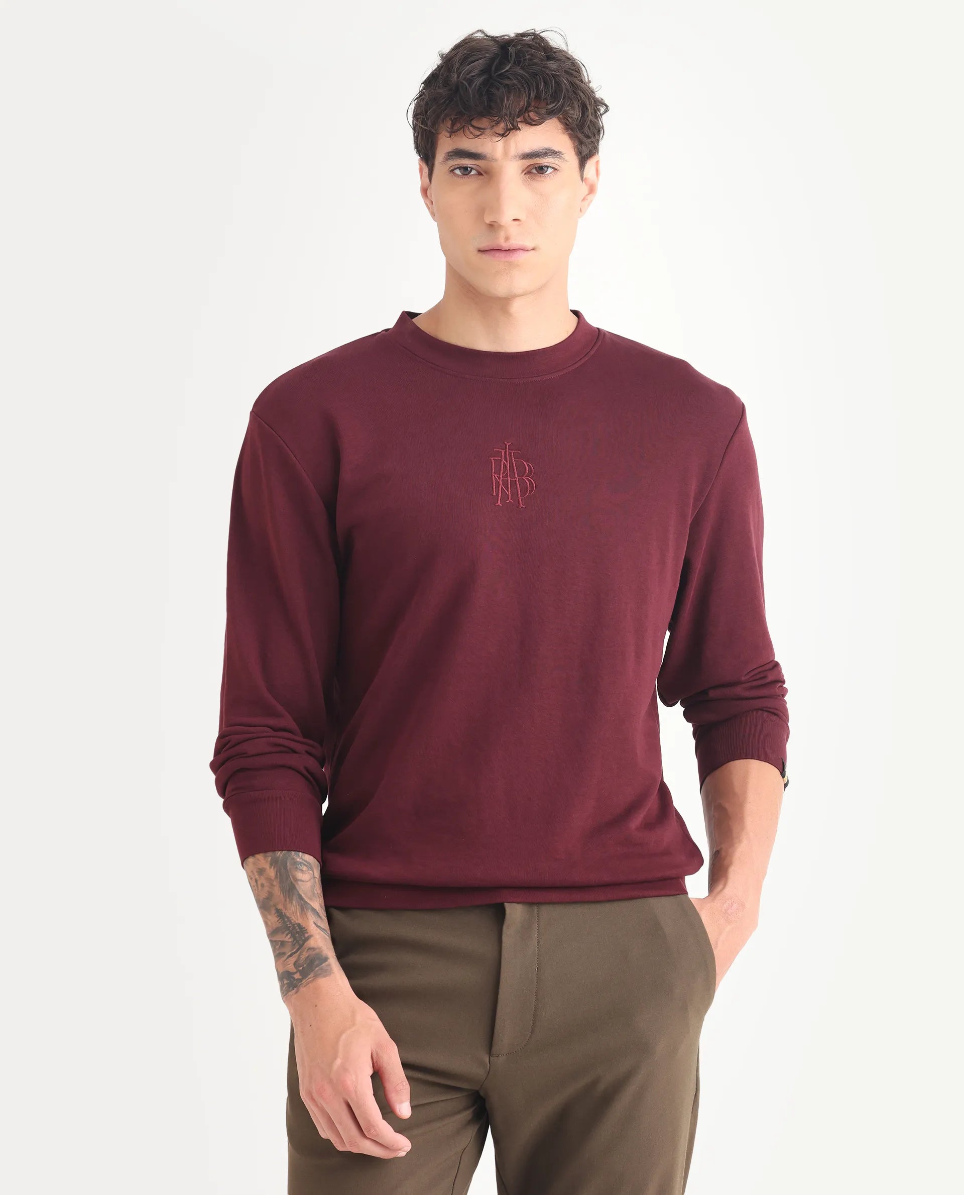 Rare Rabbit Men's Wares Maroon Cotton Blend Embroidered Regular Fit Full Sleeve Crew Neck Sweatshirt