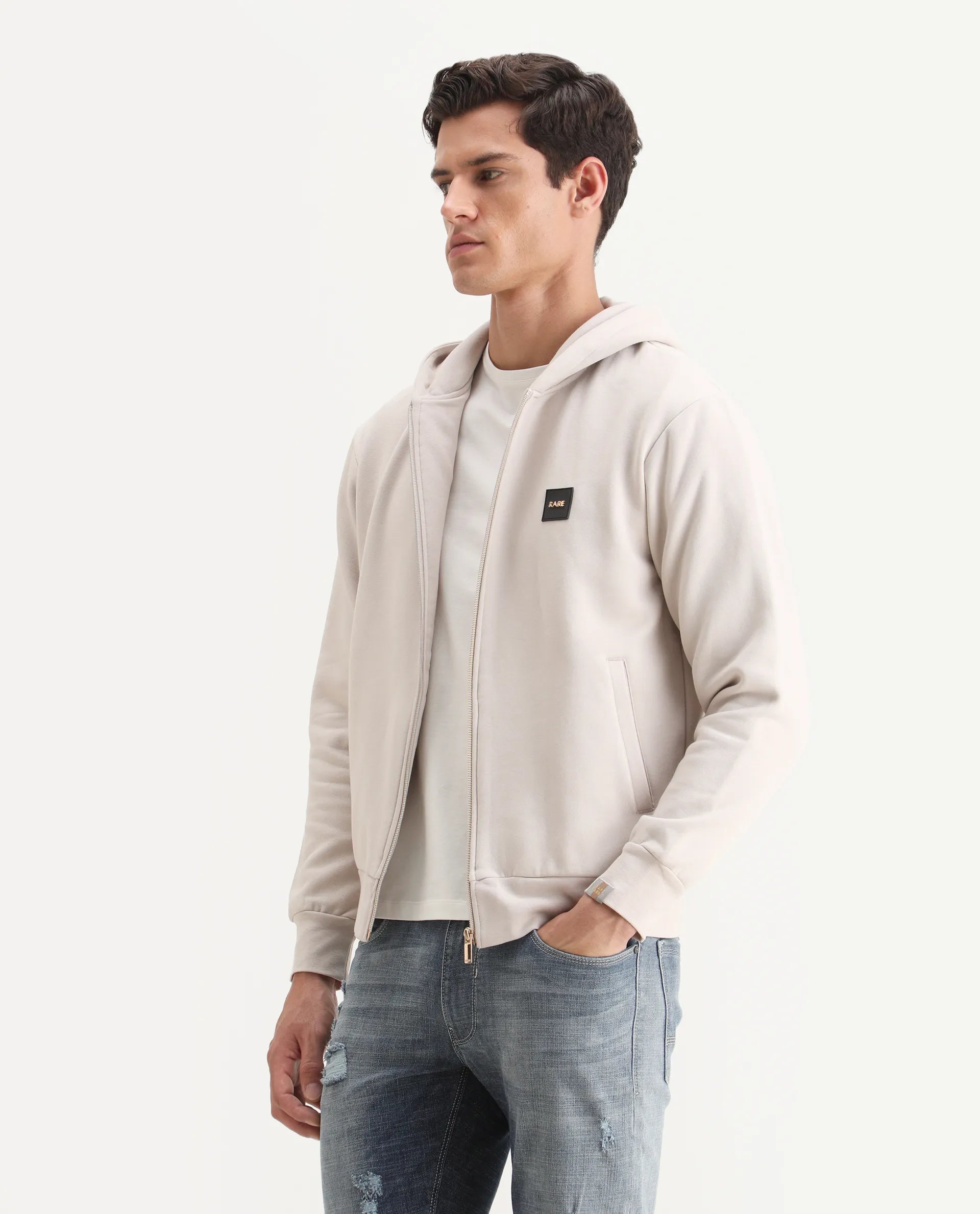 Rare Rabbit Men's Anderson-2 Off White Cotton Brand Logo Print Regular Fit Full Sleeve Hooded Sweatshirt