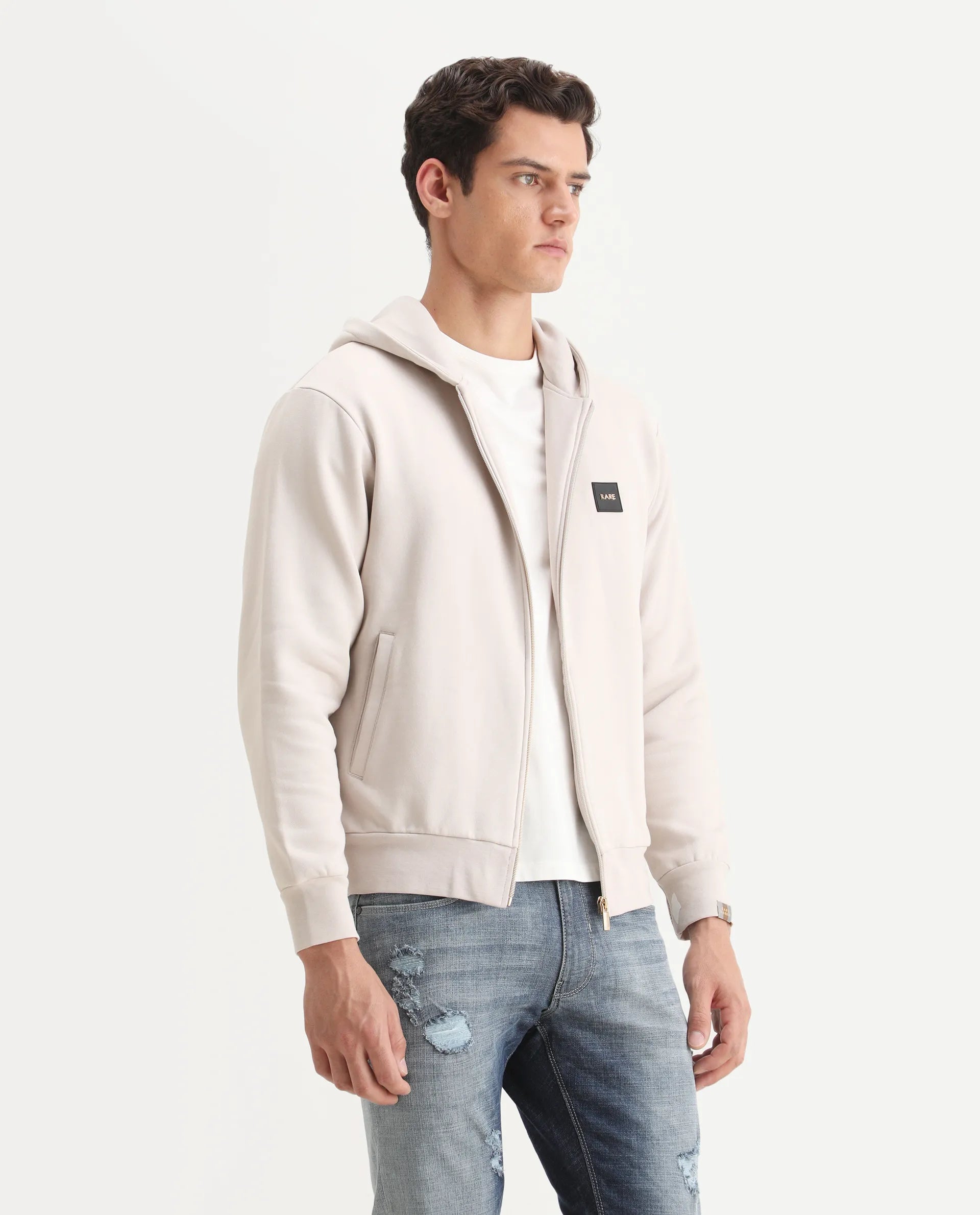 Rare Rabbit Men's Anderson-2 Off White Cotton Brand Logo Print Regular Fit Full Sleeve Hooded Sweatshirt