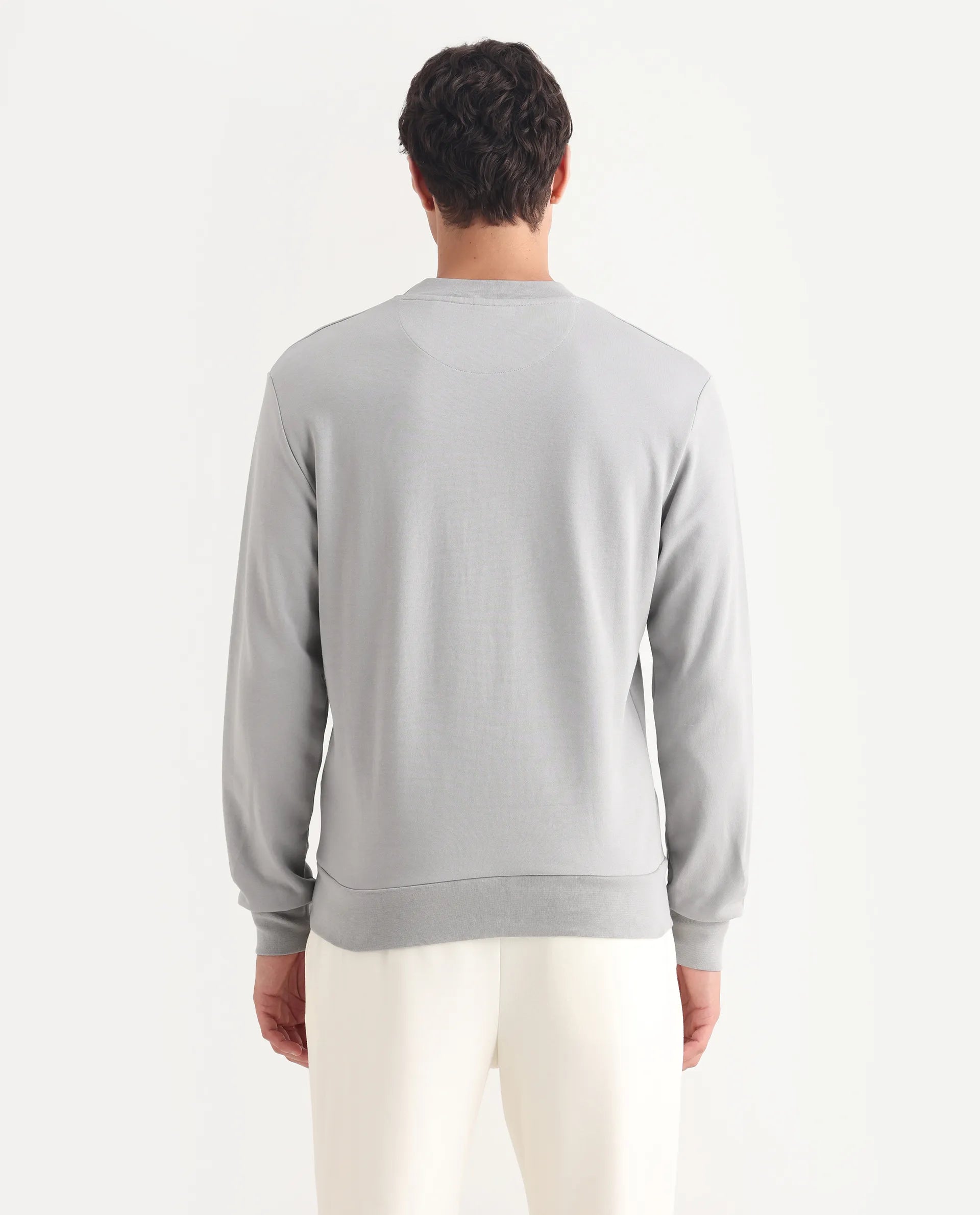 Rare Rabbit Men's Clos Light Grey Cotton Embroidered Regular Fit Full Sleeve Crew Neck Sweatshirt