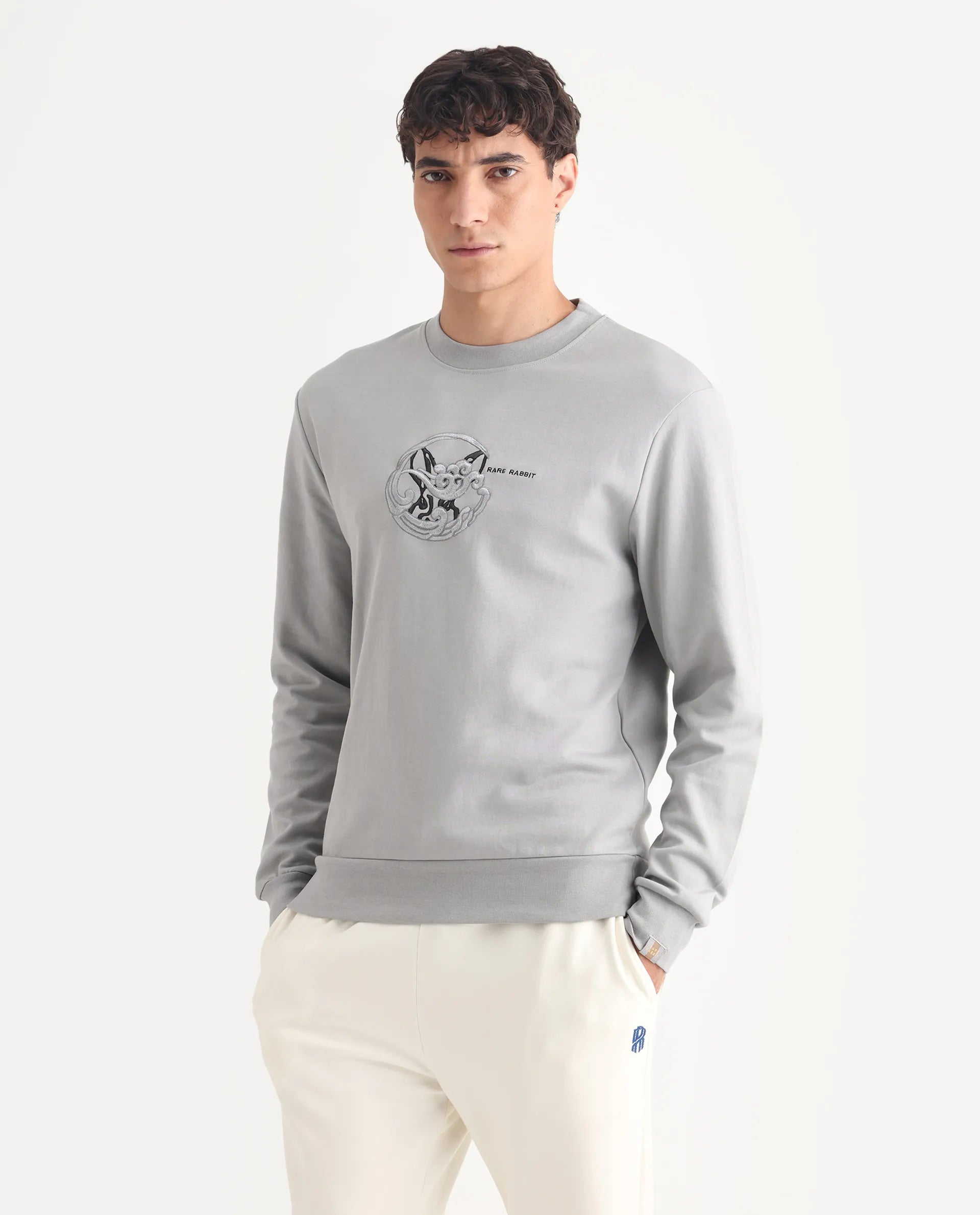 Rare Rabbit Men's Clos Light Grey Cotton Embroidered Regular Fit Full Sleeve Crew Neck Sweatshirt