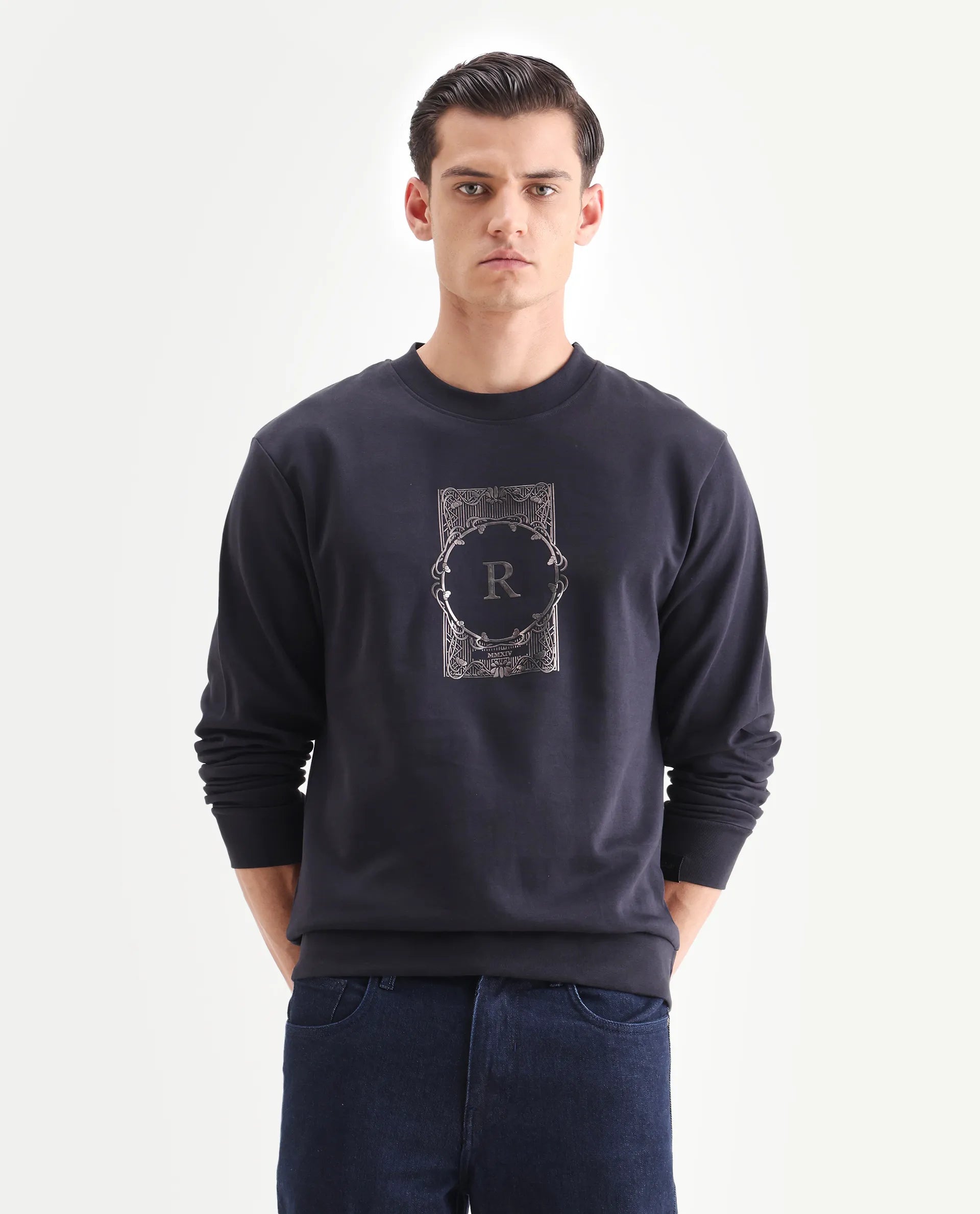 Rare Rabbit Men's Kav Navy Cotton Graphic Print Regular Fit Full Sleeve Crew Neck Sweatshirt