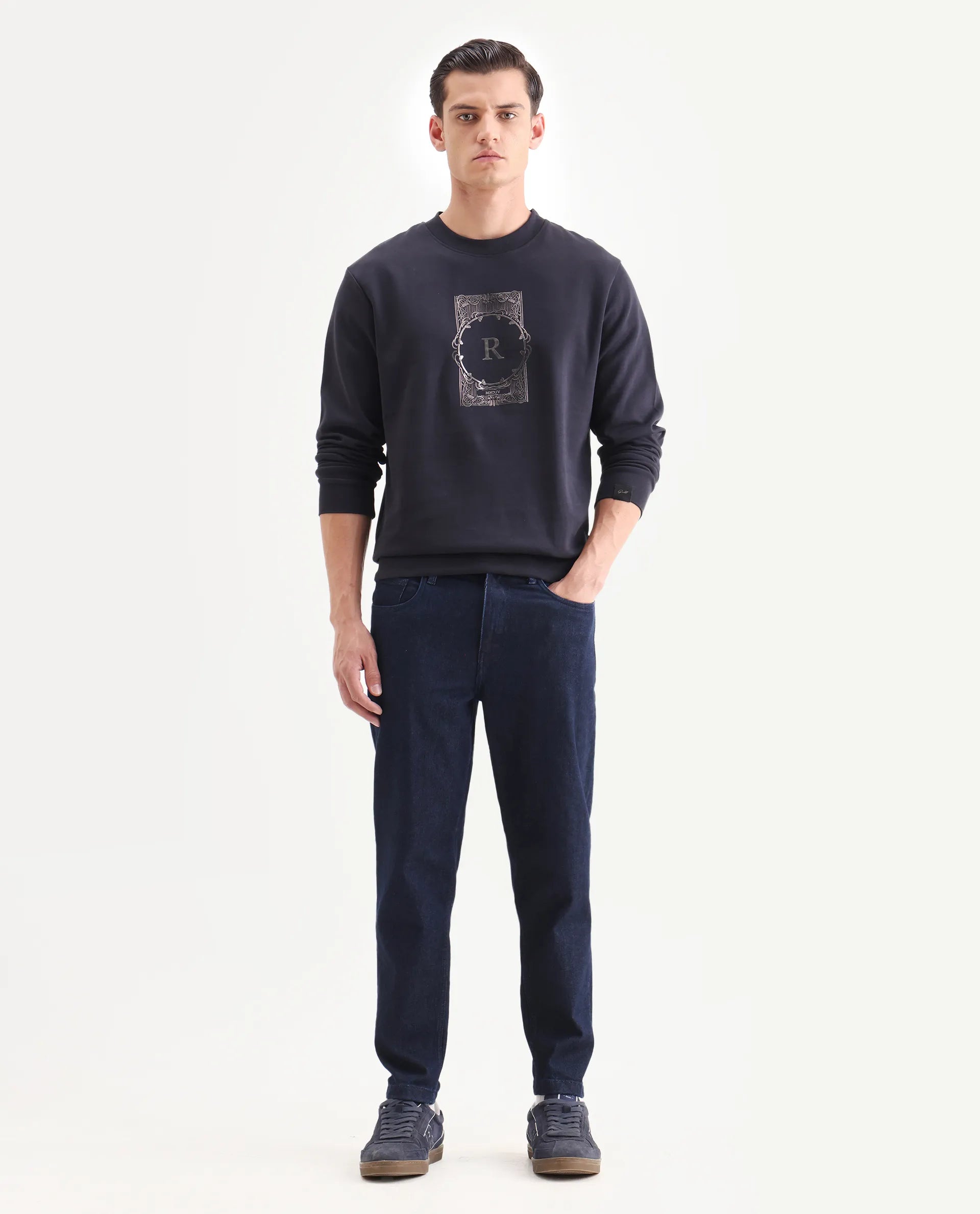 Rare Rabbit Men's Kav Navy Cotton Graphic Print Regular Fit Full Sleeve Crew Neck Sweatshirt