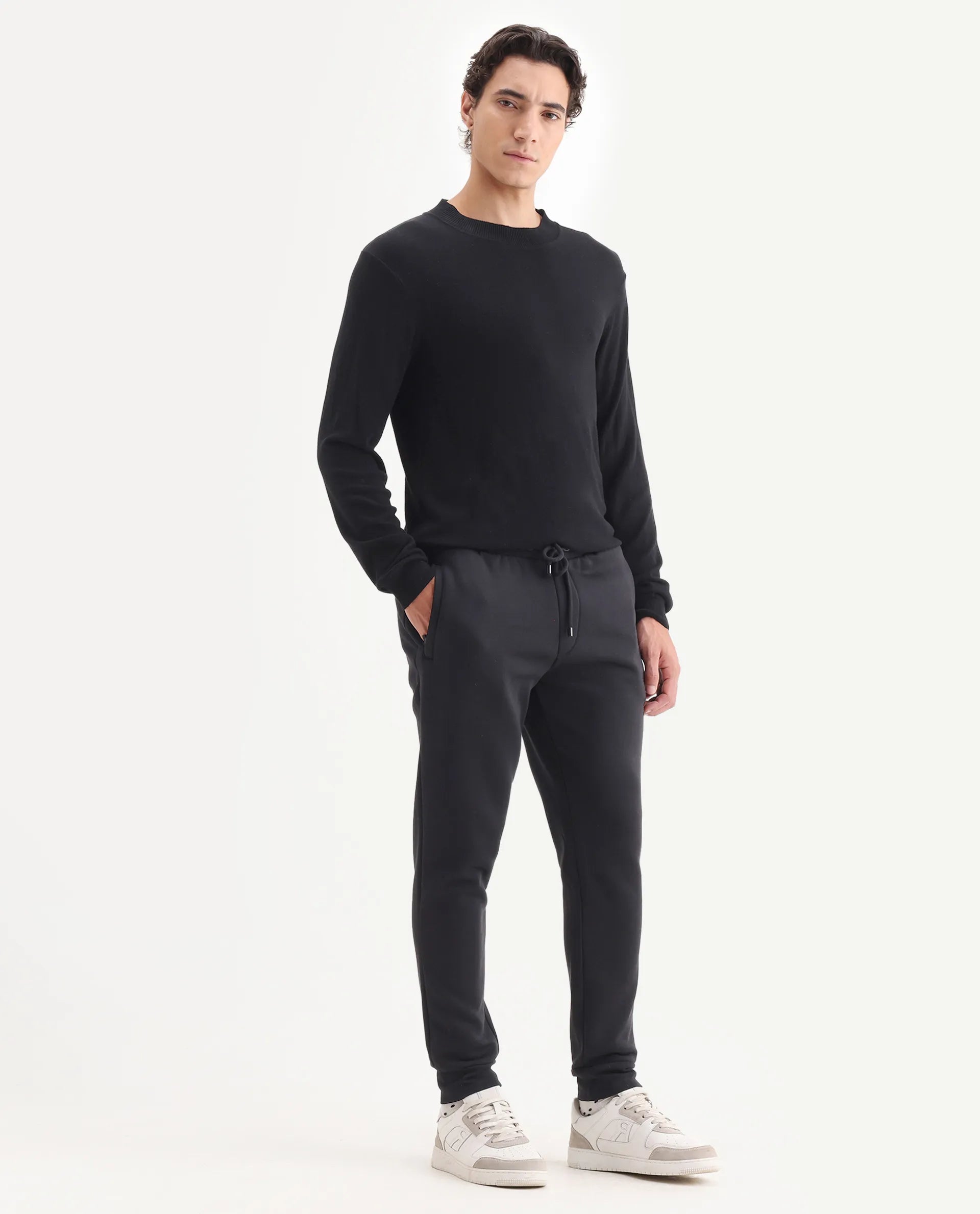 Rare Rabbit Men's Ander Black Cotton Plain Regular Fit Track Pant