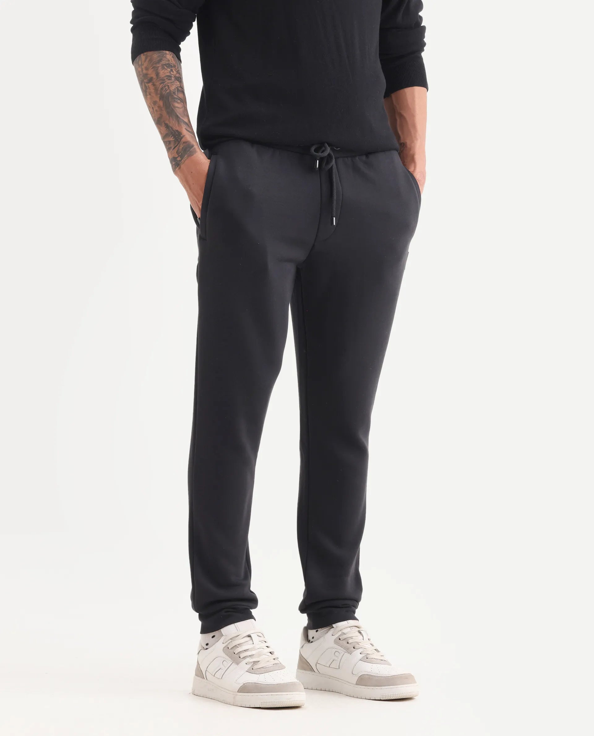 Rare Rabbit Men's Ander Black Cotton Plain Regular Fit Track Pant