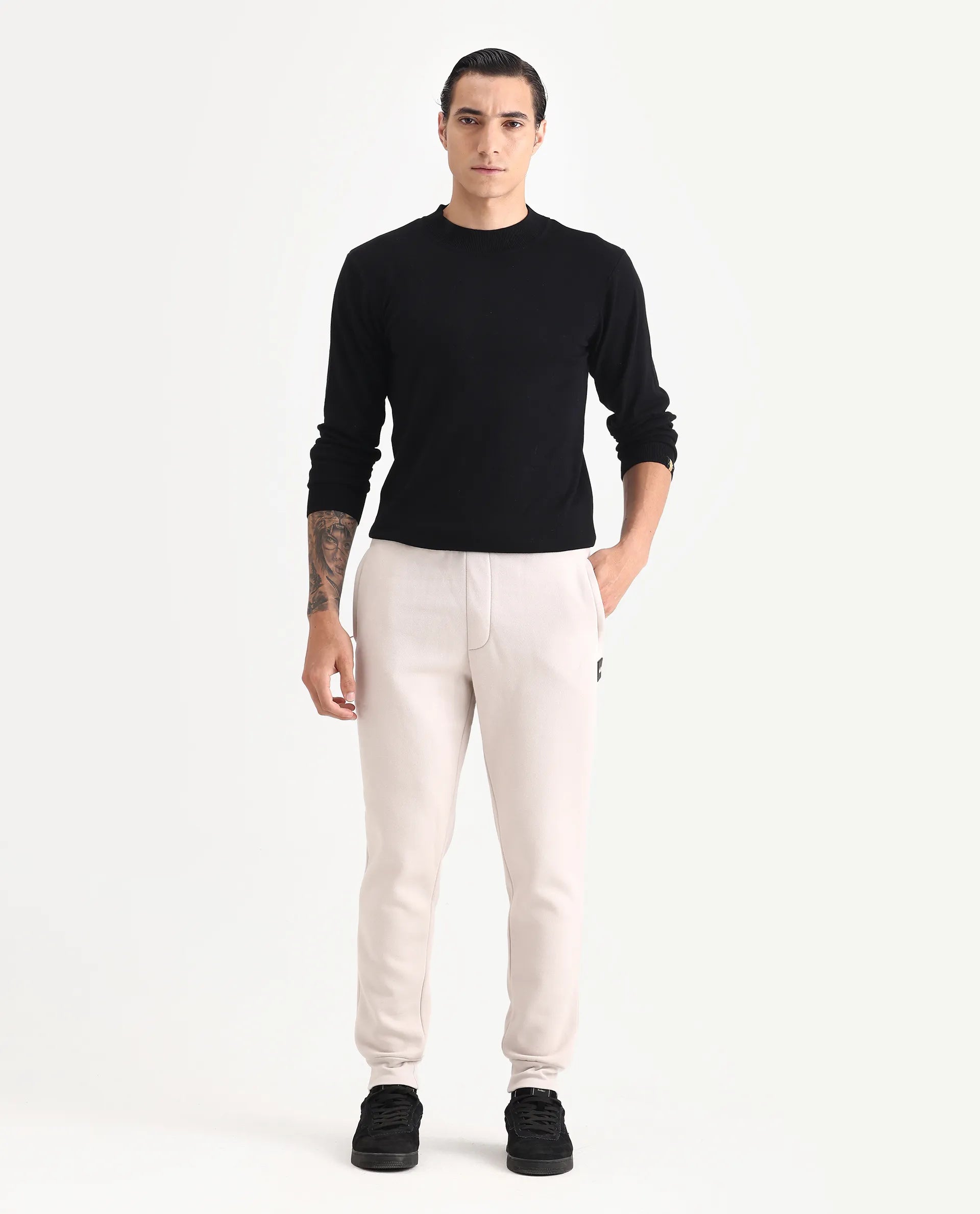 Rare Rabbit Men's Ander Off White Cotton Plain Regular Fit Track Pant