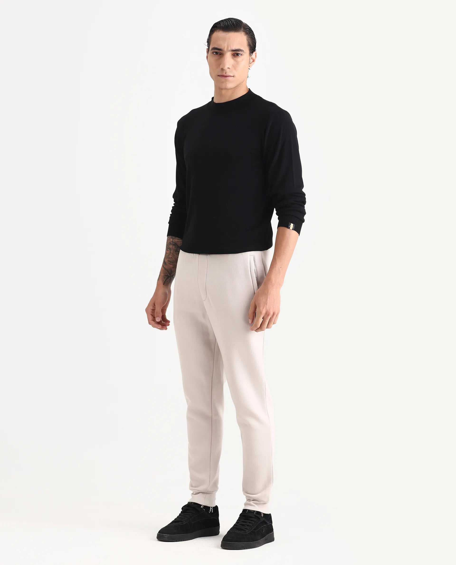 Rare Rabbit Men's Ander Off White Cotton Plain Regular Fit Track Pant