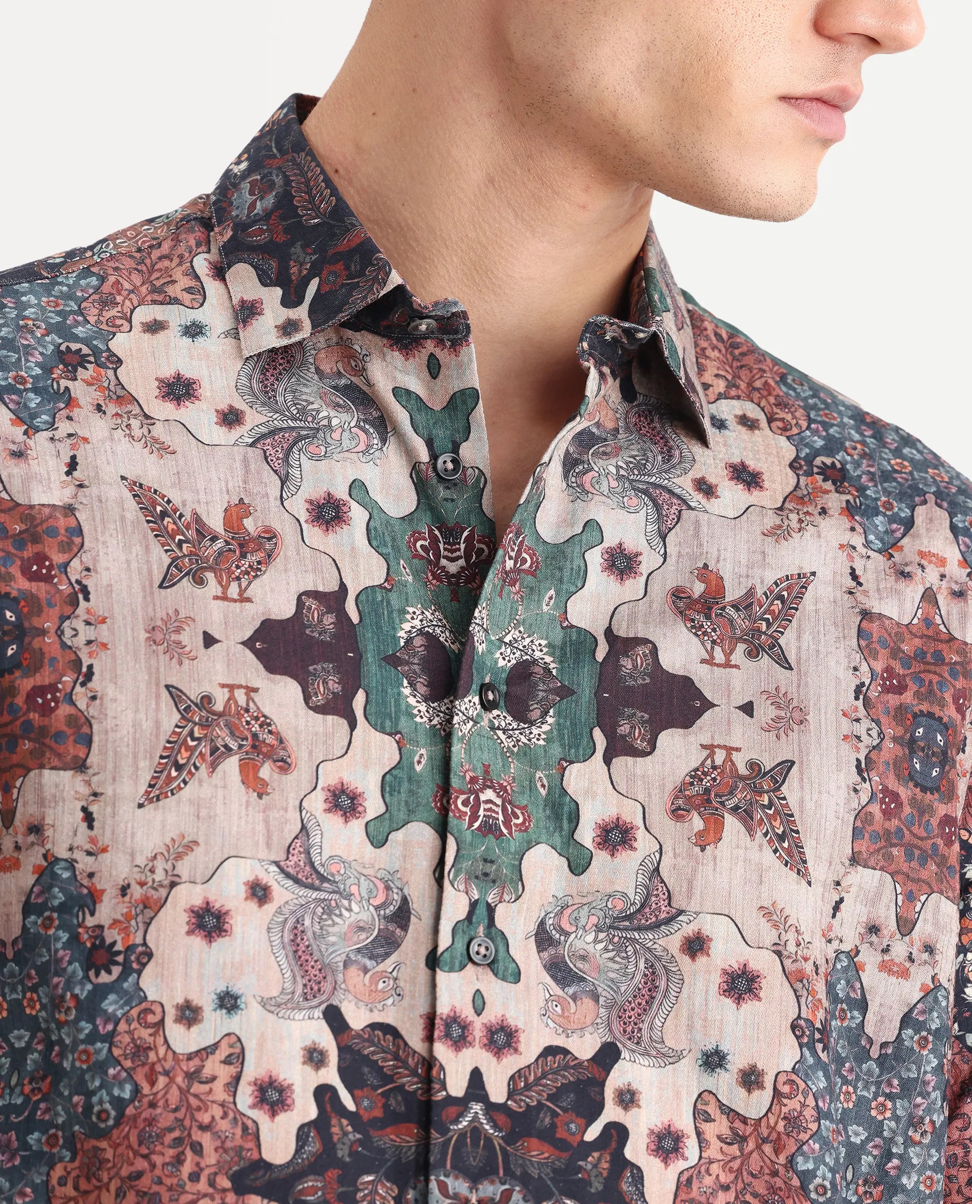 Rare Rabbit Men's Troco Ss Brown Cotton Blend Decorative Print Boxy Fit Half Sleeve Collared Shirt