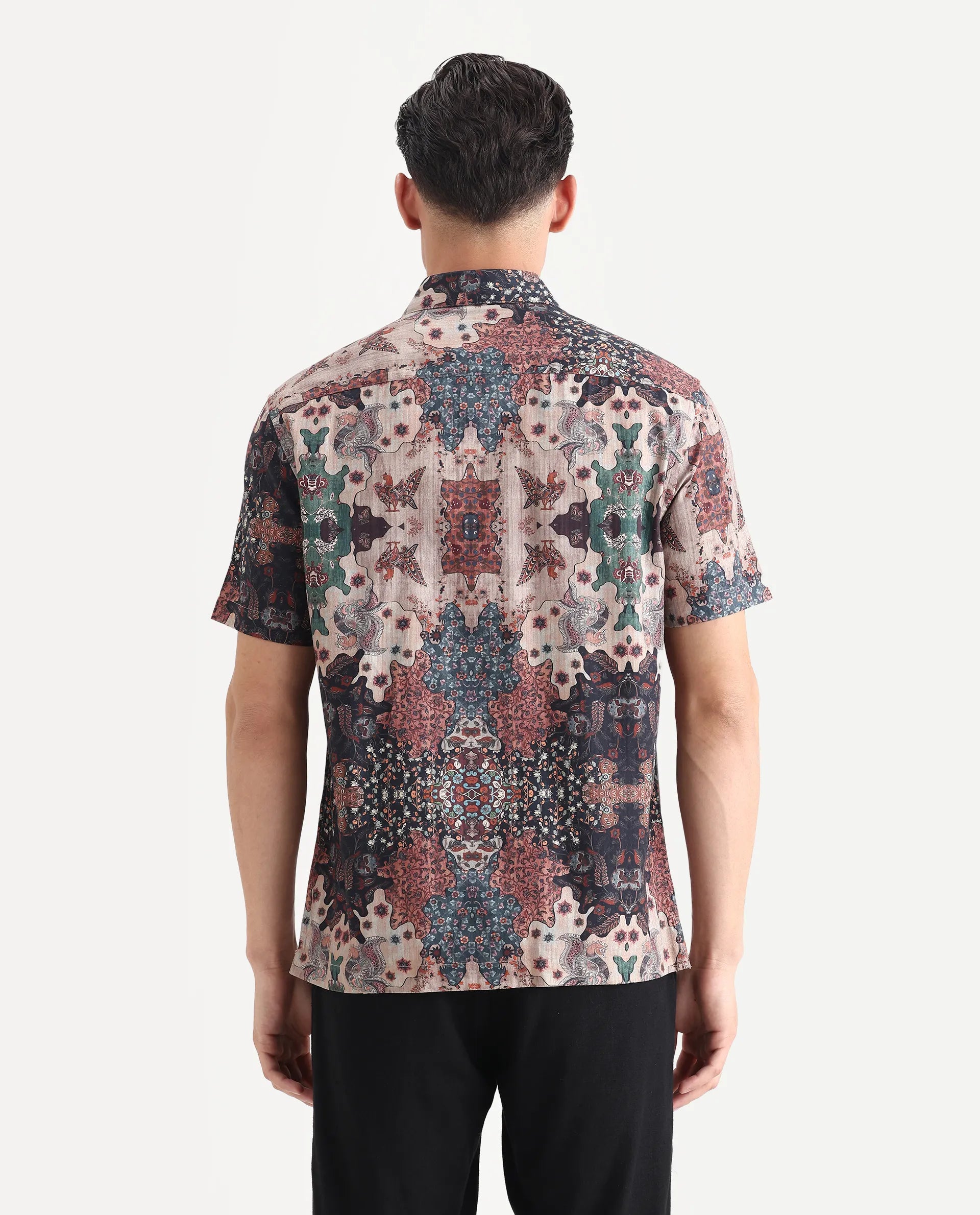 Rare Rabbit Men's Troco Ss Brown Cotton Blend Decorative Print Boxy Fit Half Sleeve Collared Shirt