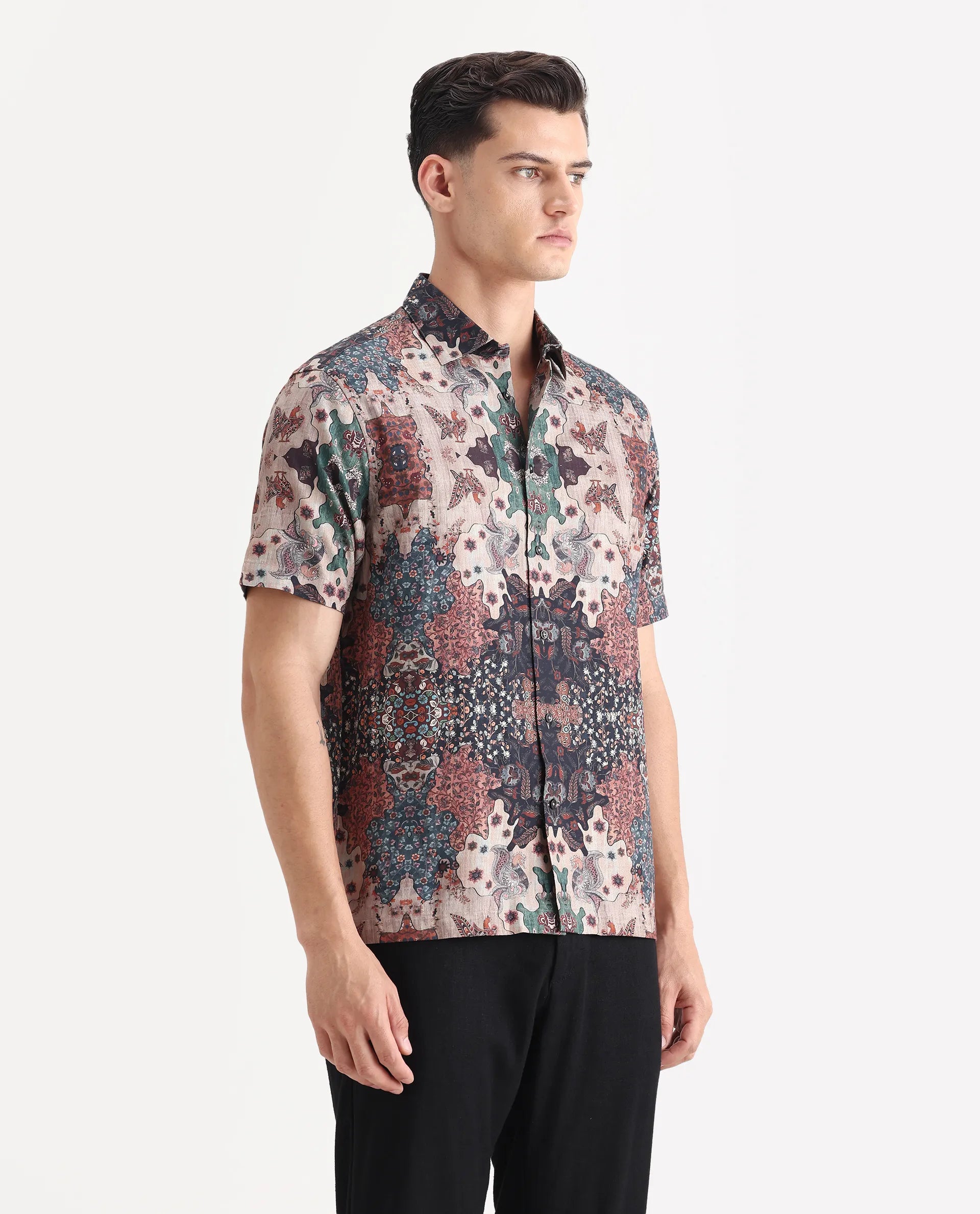 Rare Rabbit Men's Troco Ss Brown Cotton Blend Decorative Print Boxy Fit Half Sleeve Collared Shirt